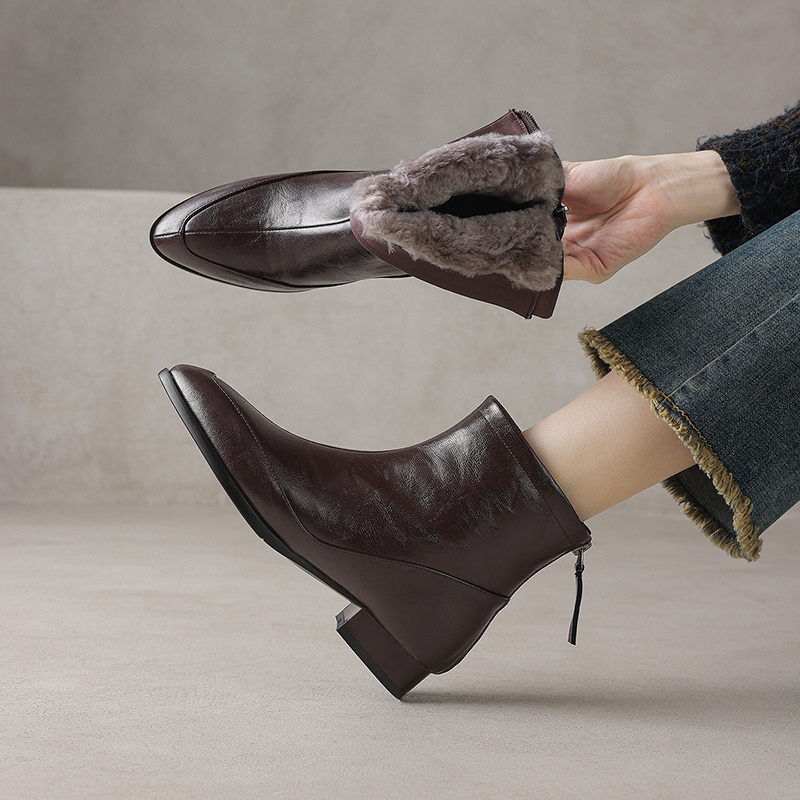 牛皮 跟高2.5cm 34-40真皮短靴女东北大棉靴厚绒冬靴低跟百搭