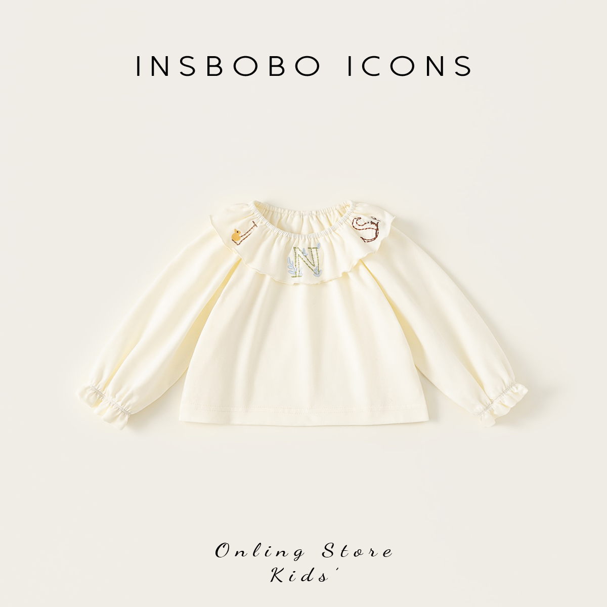 INSbobo儿童长袖童装春秋洋气上衣优雅风绣花花边领T恤潮QY15056