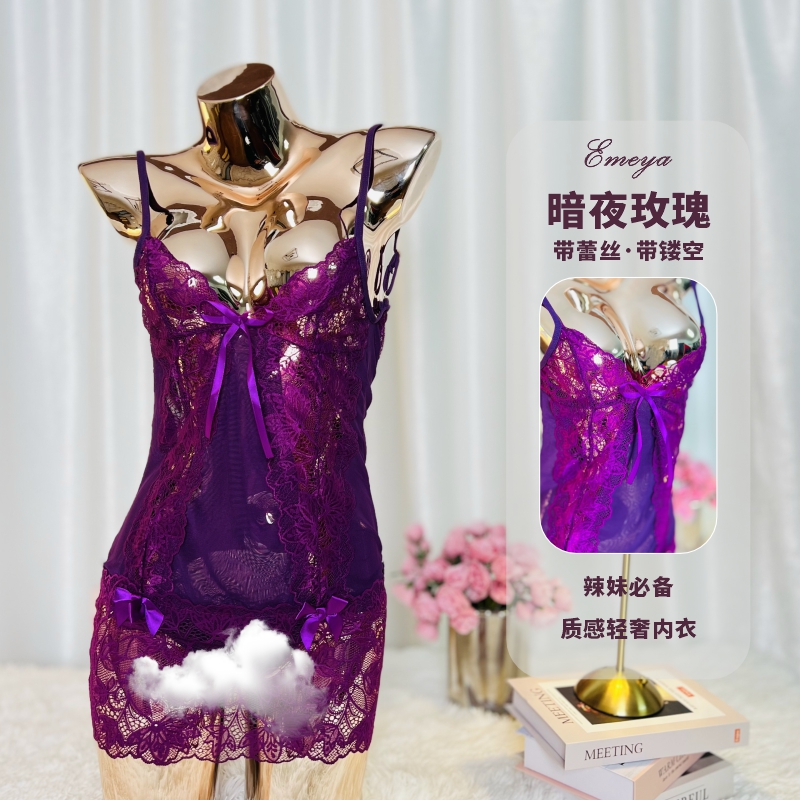 【巴黎春夜】2025新款战袍性感吊带睡裙镂空蕾丝透明大码美背睡衣