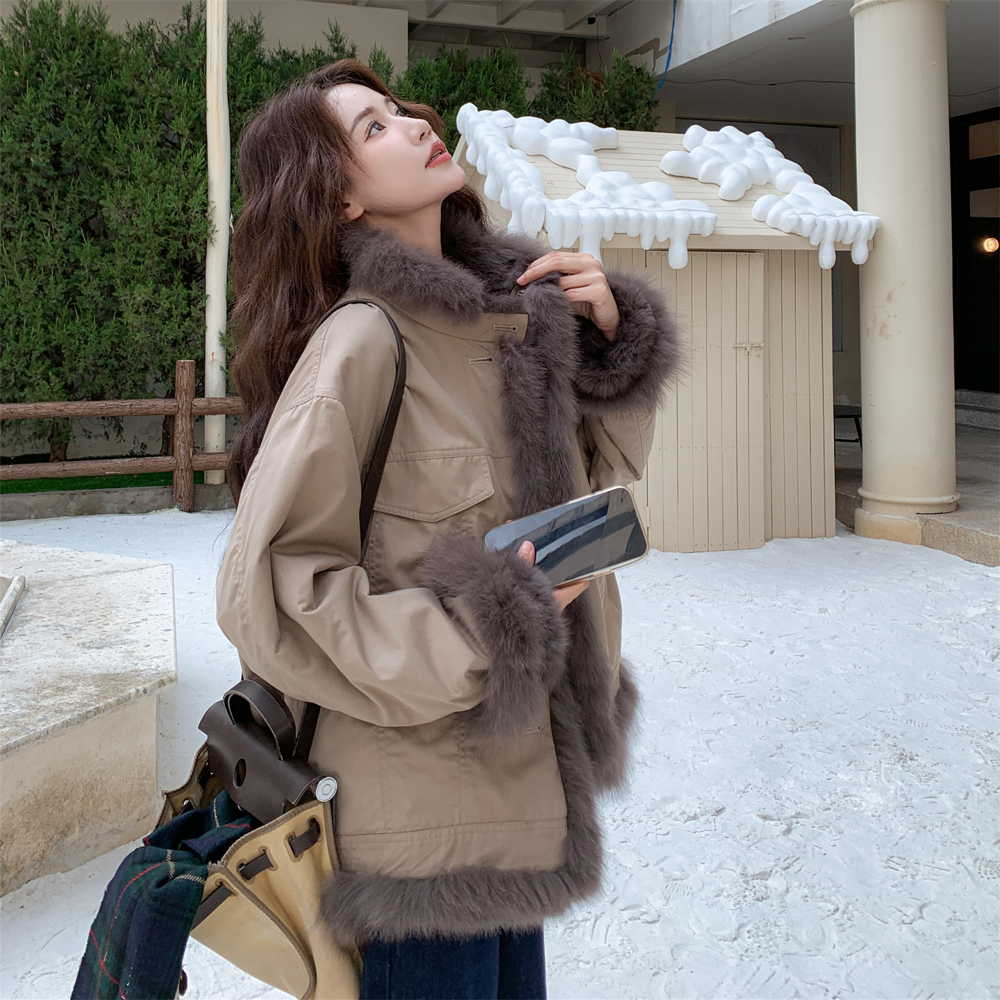 卡其色简约风休闲工装两面穿外套女2025秋冬款小个子加厚短款上衣