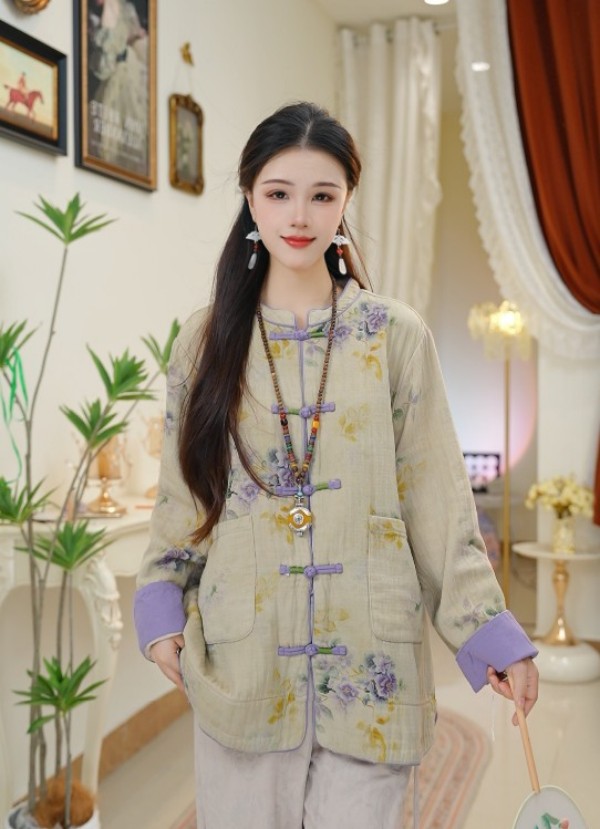 【缃紫绣衣】2025复古盘扣棉麻印花新中式国风上衣宽松显瘦外套女