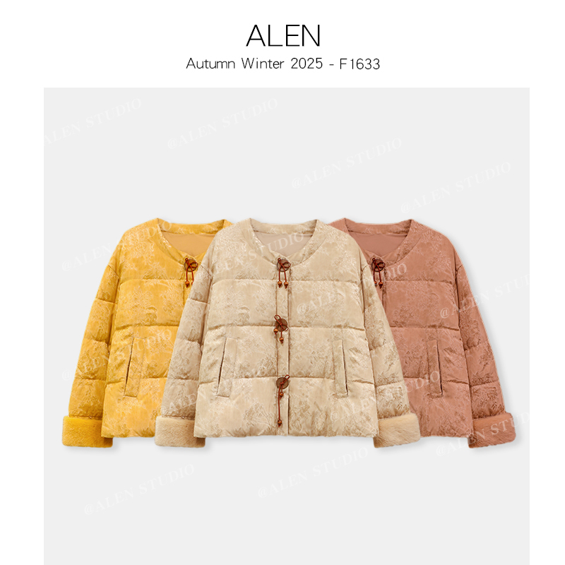 绫萦・【珠绣鎏光】90白鸭绒提花国风盘扣水貂毛新中式羽绒服女F1633