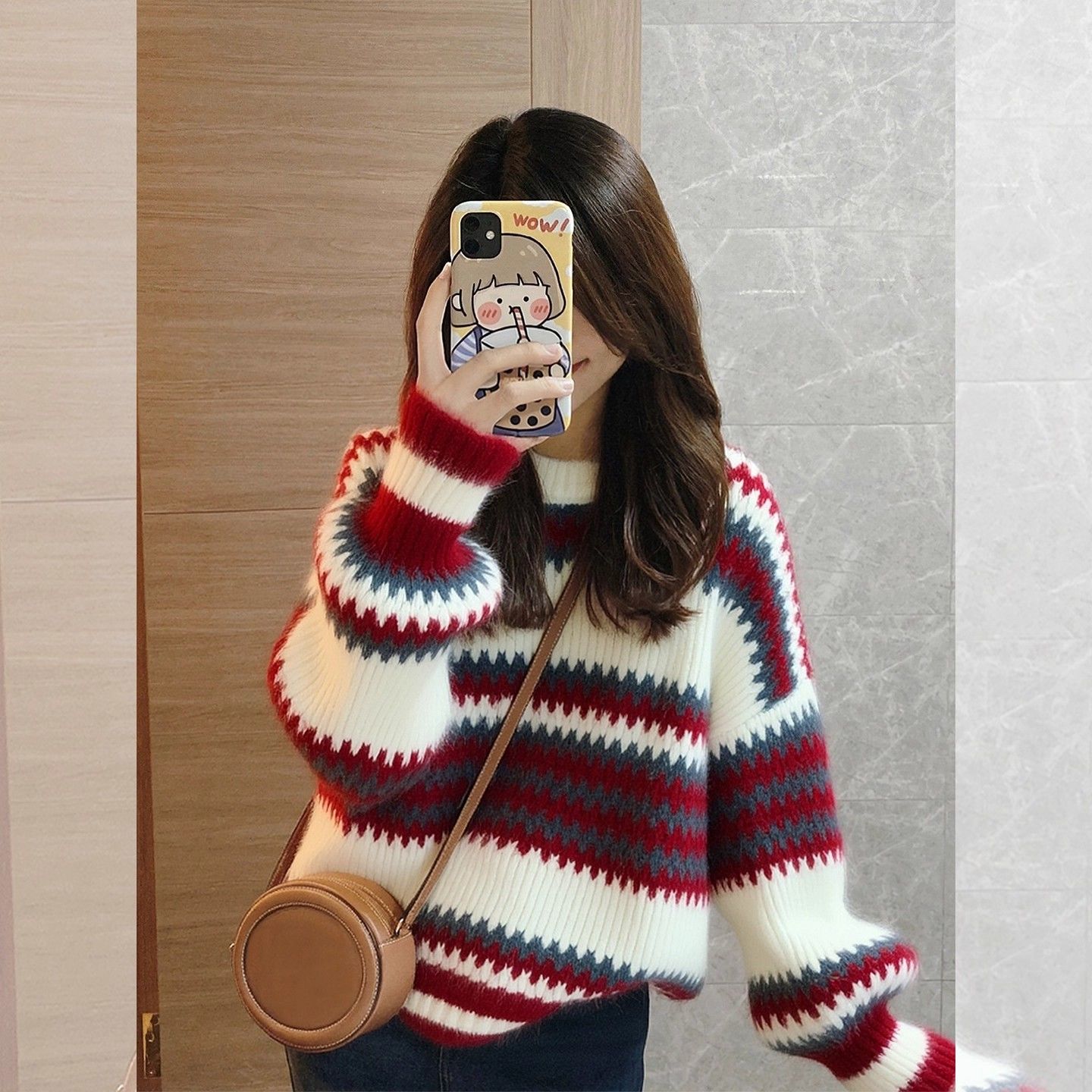 2025冬季新款圣诞红色费尔岛条纹加厚套头毛衣女慵懒高级感针织衫