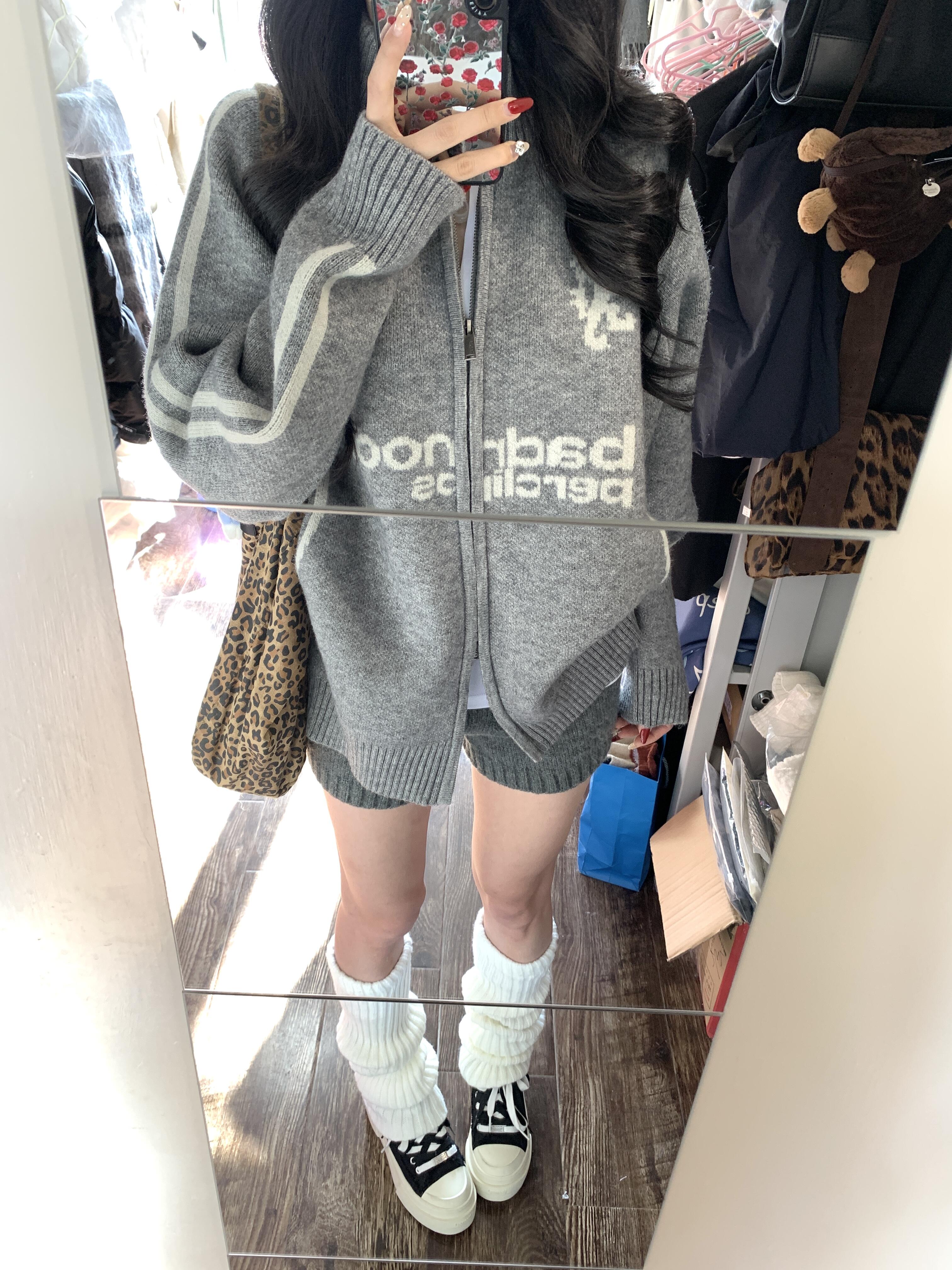 oversize！棒球风圆领拉链毛衣开衫外套女秋装新款韩版宽松针织衫