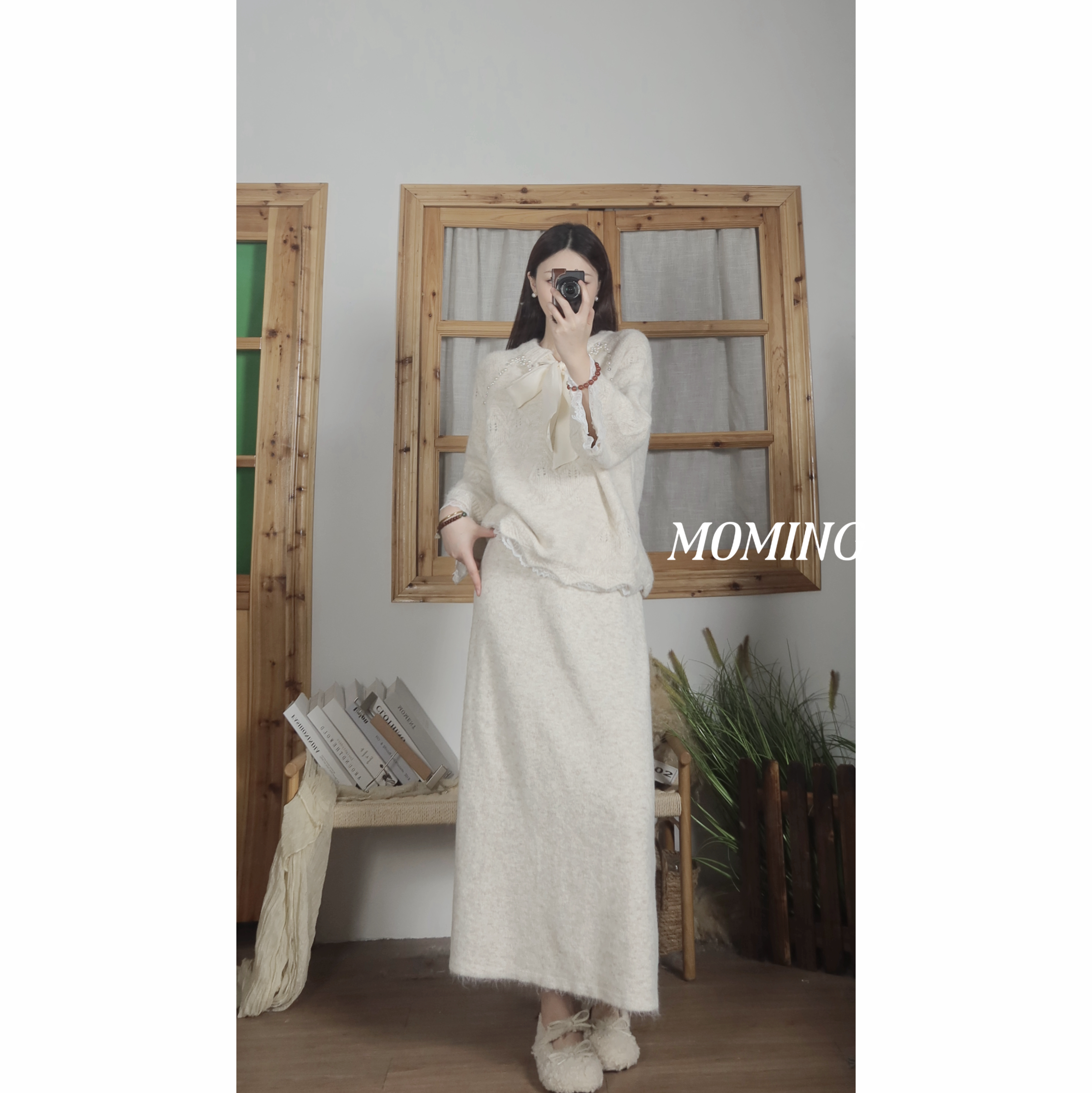 MOMING冬季新品 雪浪 韩系重工钉珠蝴蝶结针织套装裙