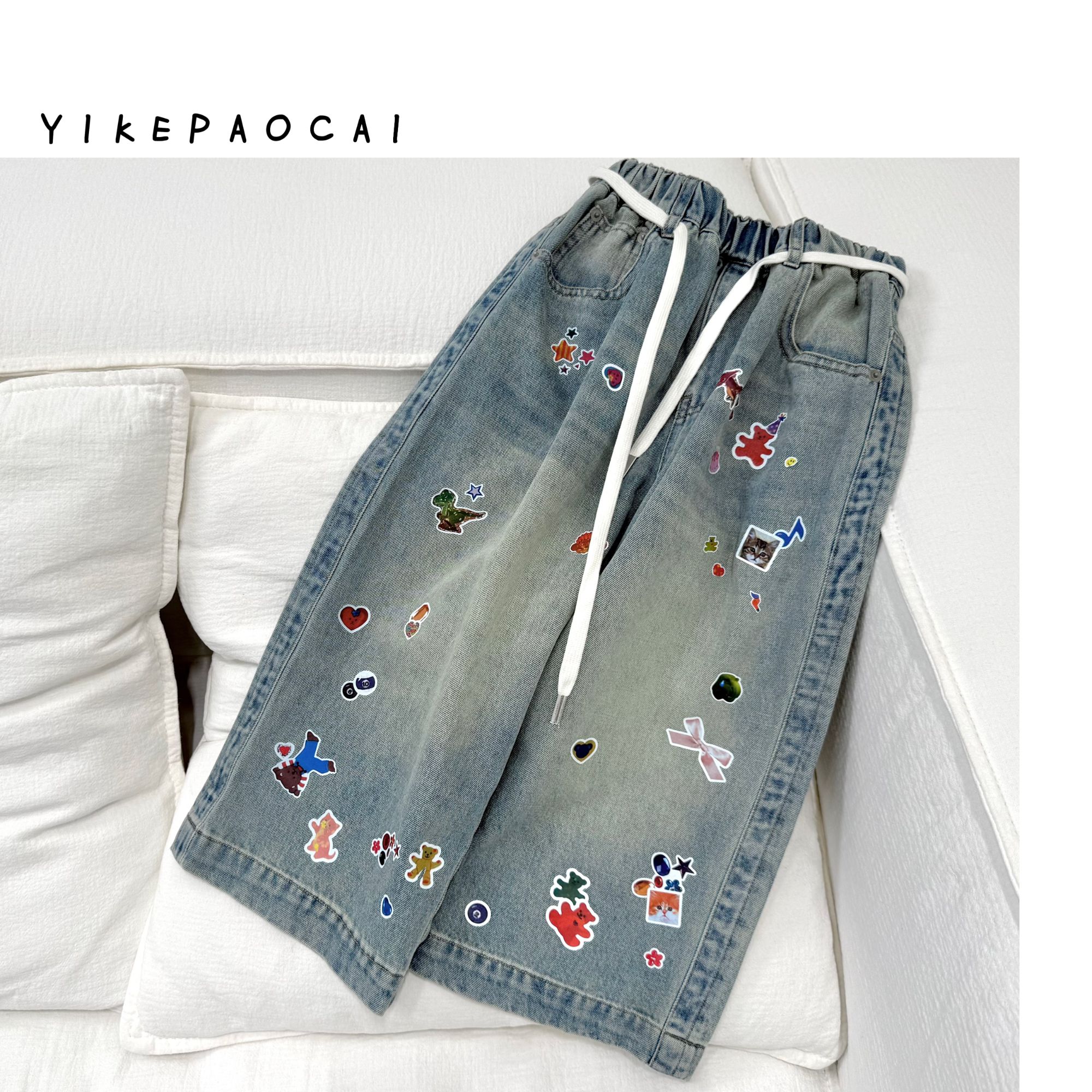 一颗泡菜「童装」66038《秋》手工印花牛仔裤