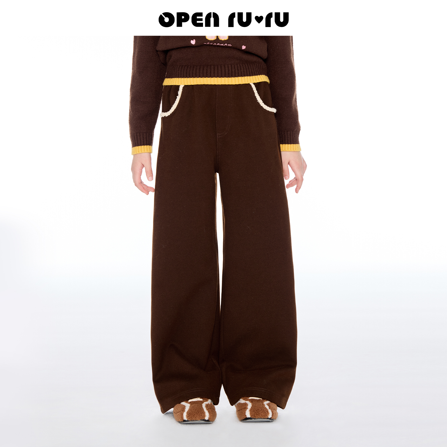 Opennunu女童复古织带阔腿裤冬季中大童设计感软糯呢料百搭休闲裤