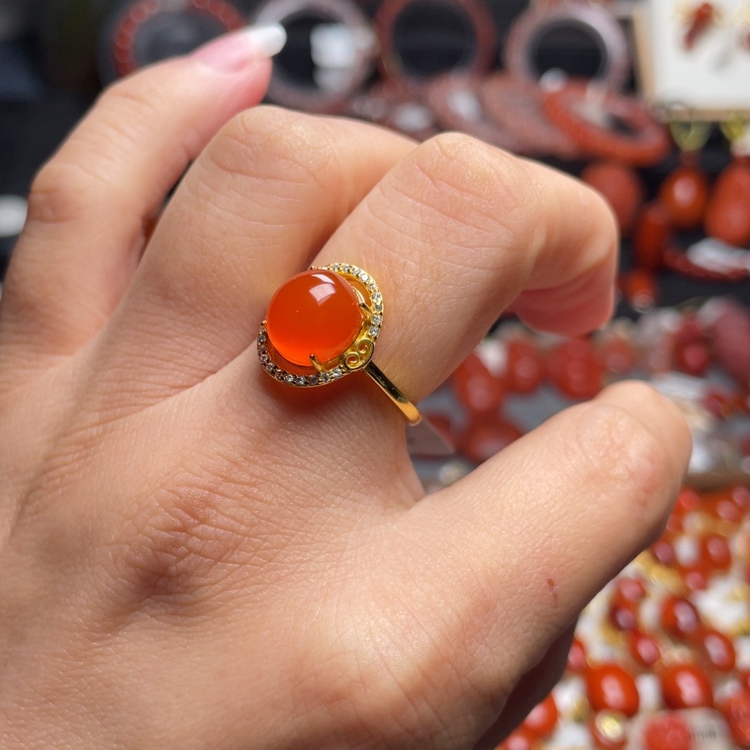 南红玛瑙银S925镶嵌冰红戒指