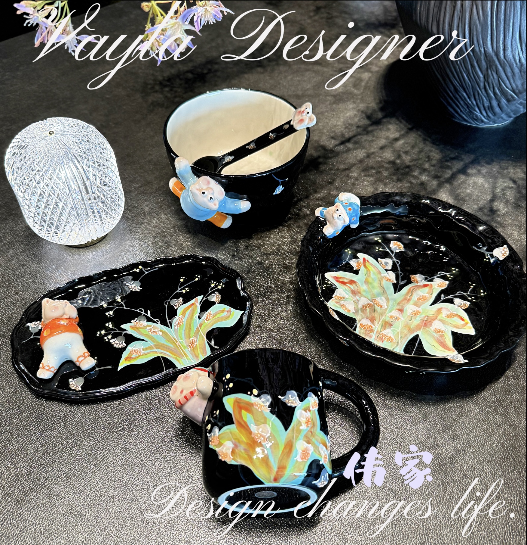 [设计师Vayla专属]清平律黑色铃兰兔子系列高颜值陶瓷餐具可爱