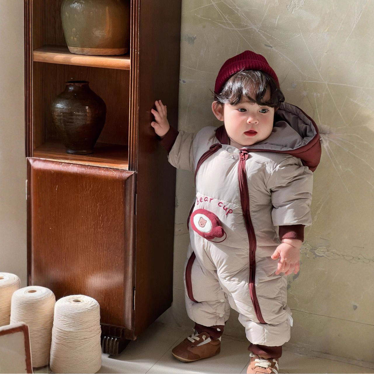 婴儿羽绒连体哈衣保暖拼色小熊双拉链外出服冬季男宝宝新生儿6368