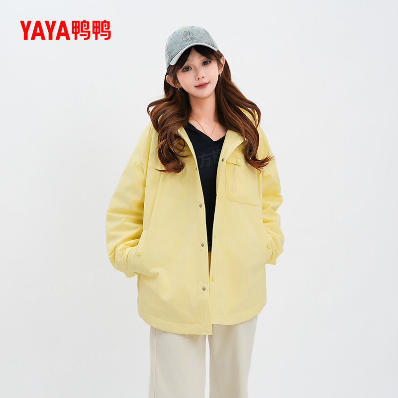 YAYA/鸭鸭羽绒服纯色单排扣冬宽松休闲中长款保暖外套YE5B001407P