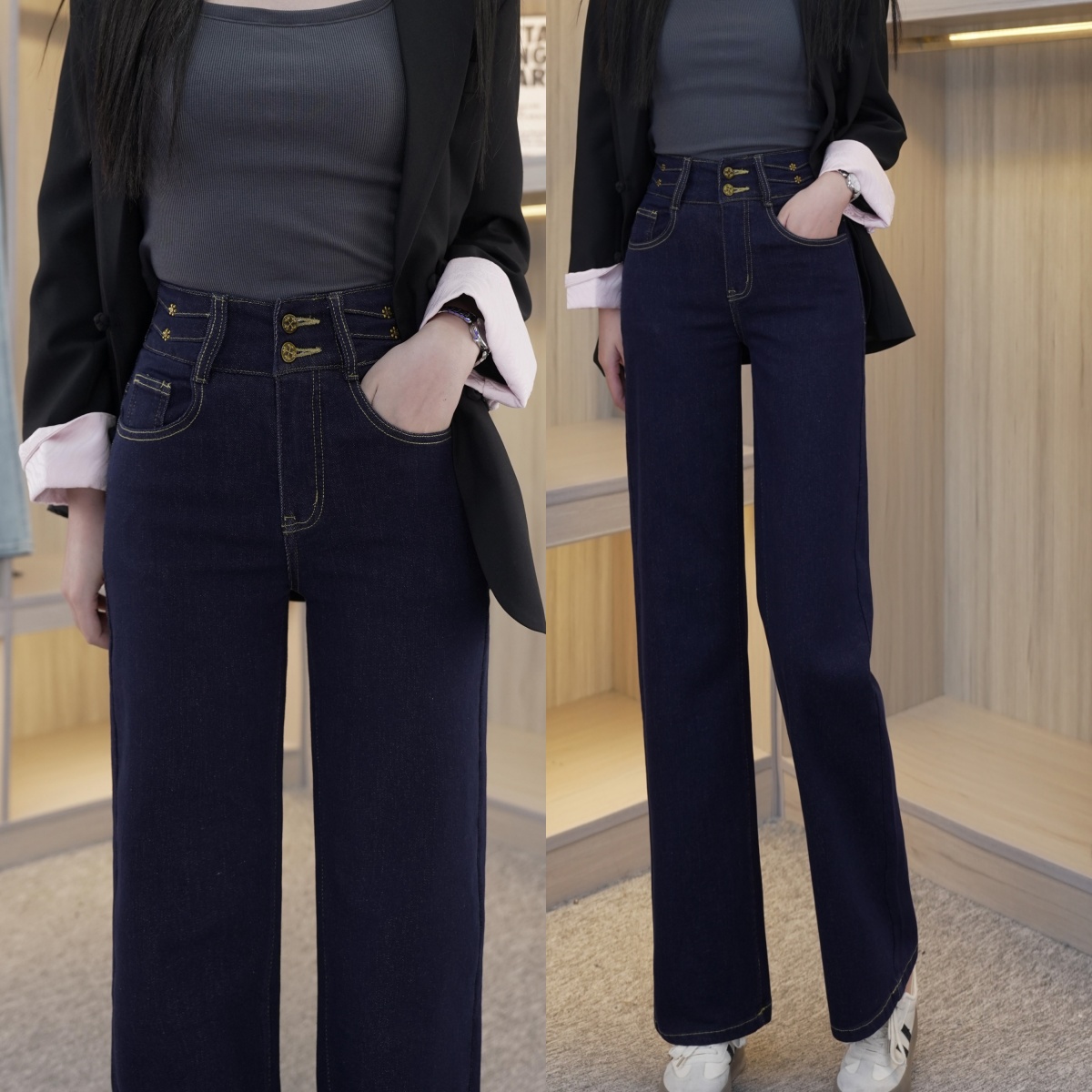 加绒牛仔裤丹宁加绒秋冬季小个子拖地高腰复古宽松窄版阔腿裤休闲