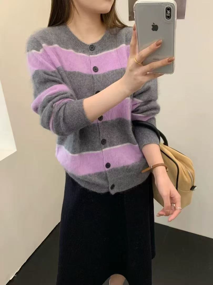 桑蚕丝羊绒拉绒韩系撞色条纹针织衫百搭圆领显瘦上衣短款宽松秋冬