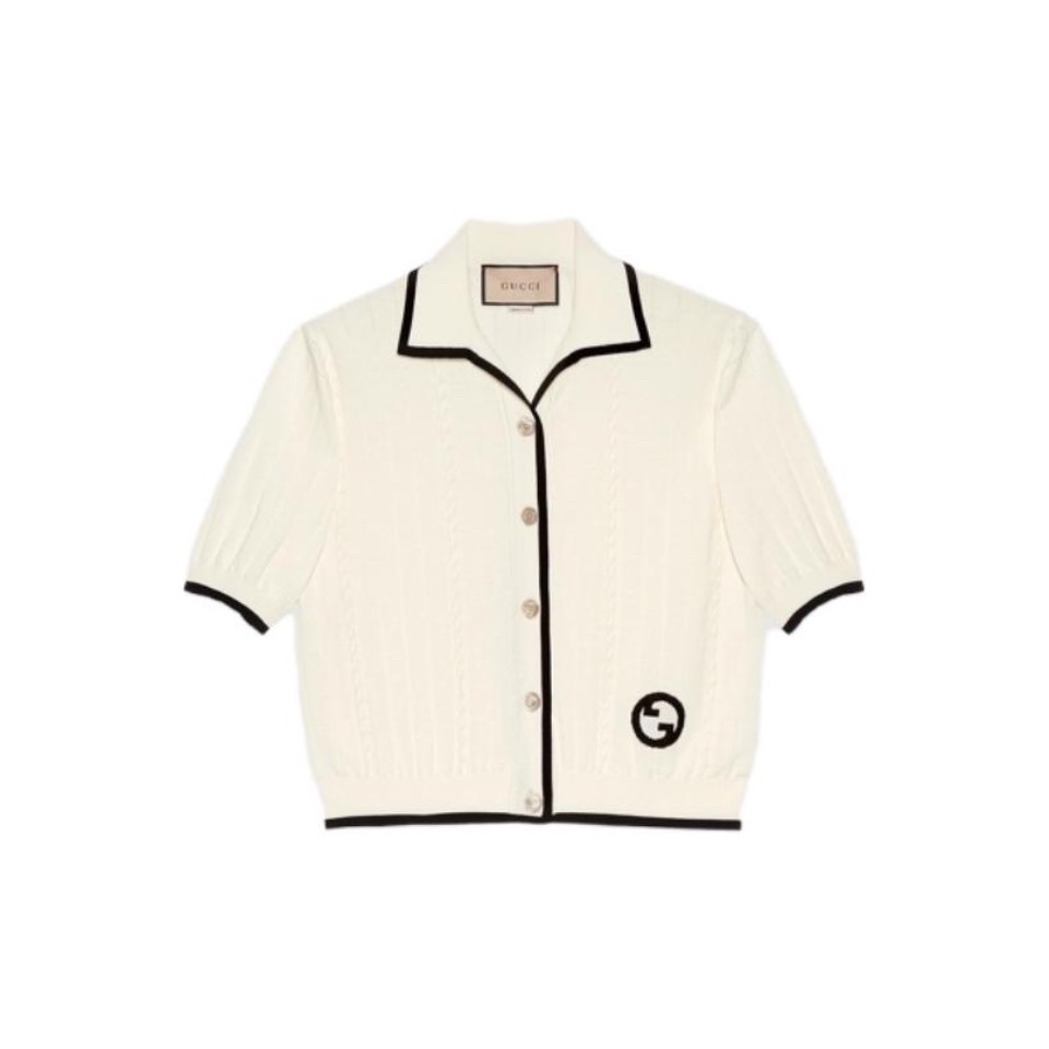 99新 GUCCI/古驰 米白色经典刺绣logo短袖针织开衫 XXS 8637324 