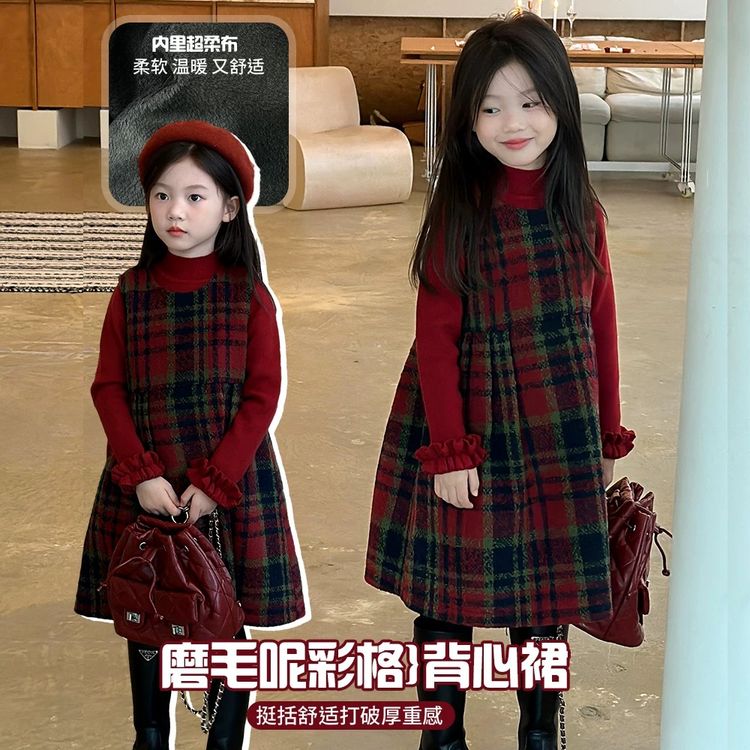 拜年服女童连衣裙冬季25新款大童过年红色公主裙儿童冬季加厚套裙