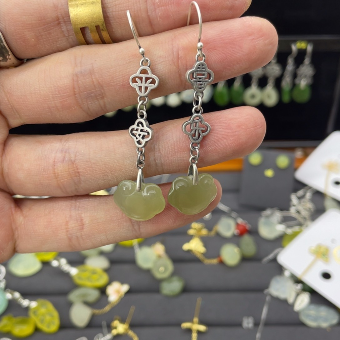 和田玉耳饰银S925镶嵌琳