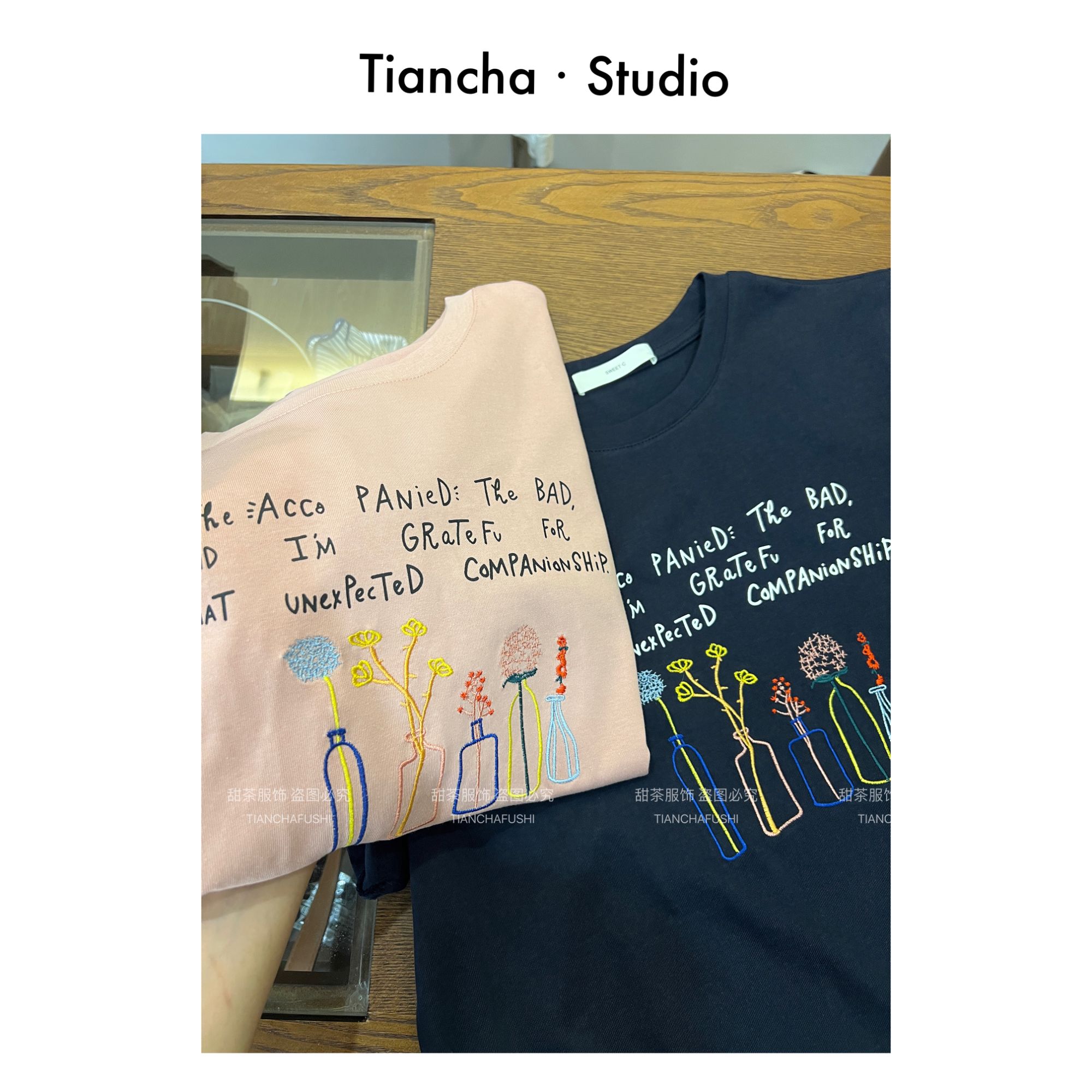 sweet c【五个花瓶】M769#夏季韩版ins风正肩短袖重工T恤女气质上衣