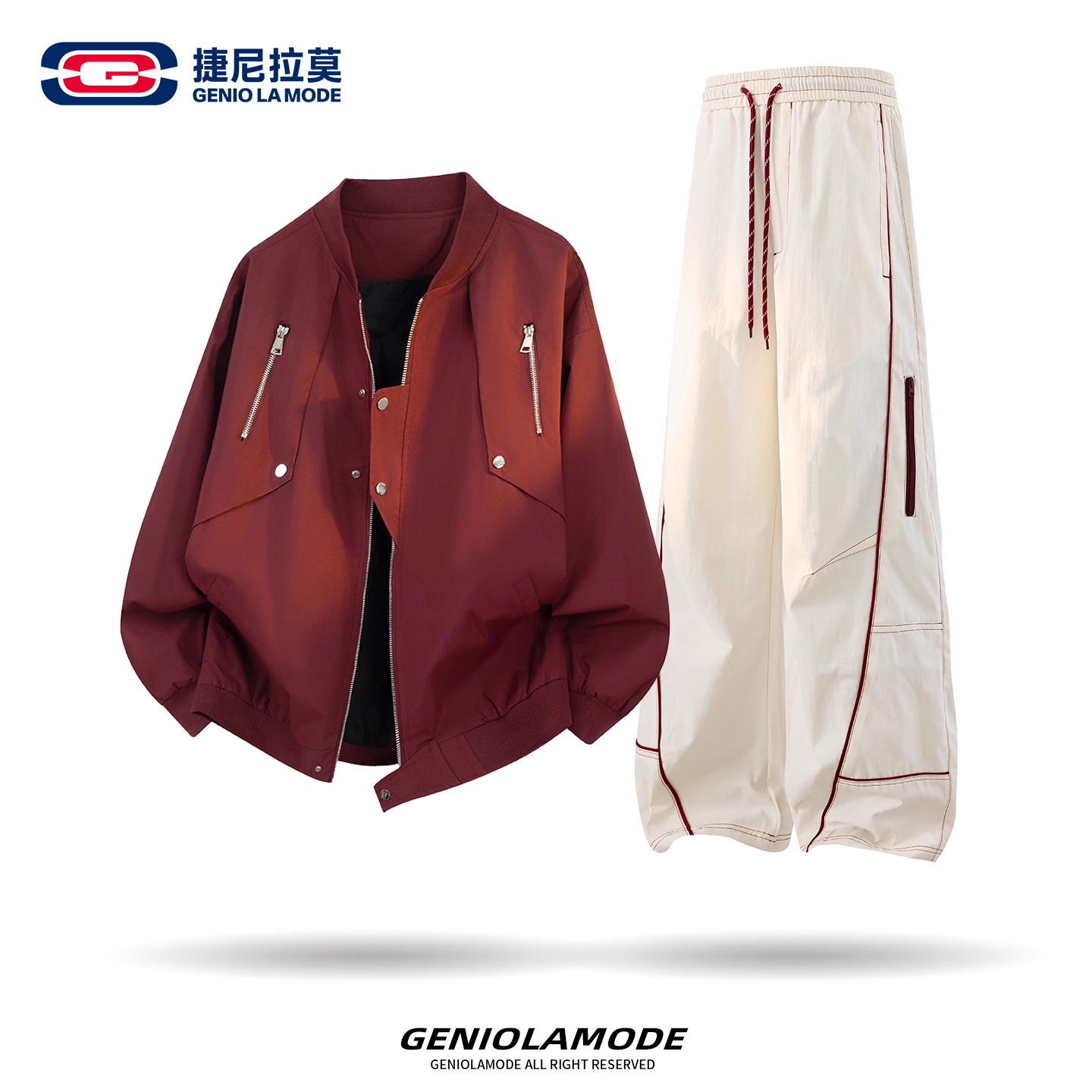 【敖瑞鹏代言】GENIOLAMODE男士秋冬新款美式潮流夹克卫裤运动套装
