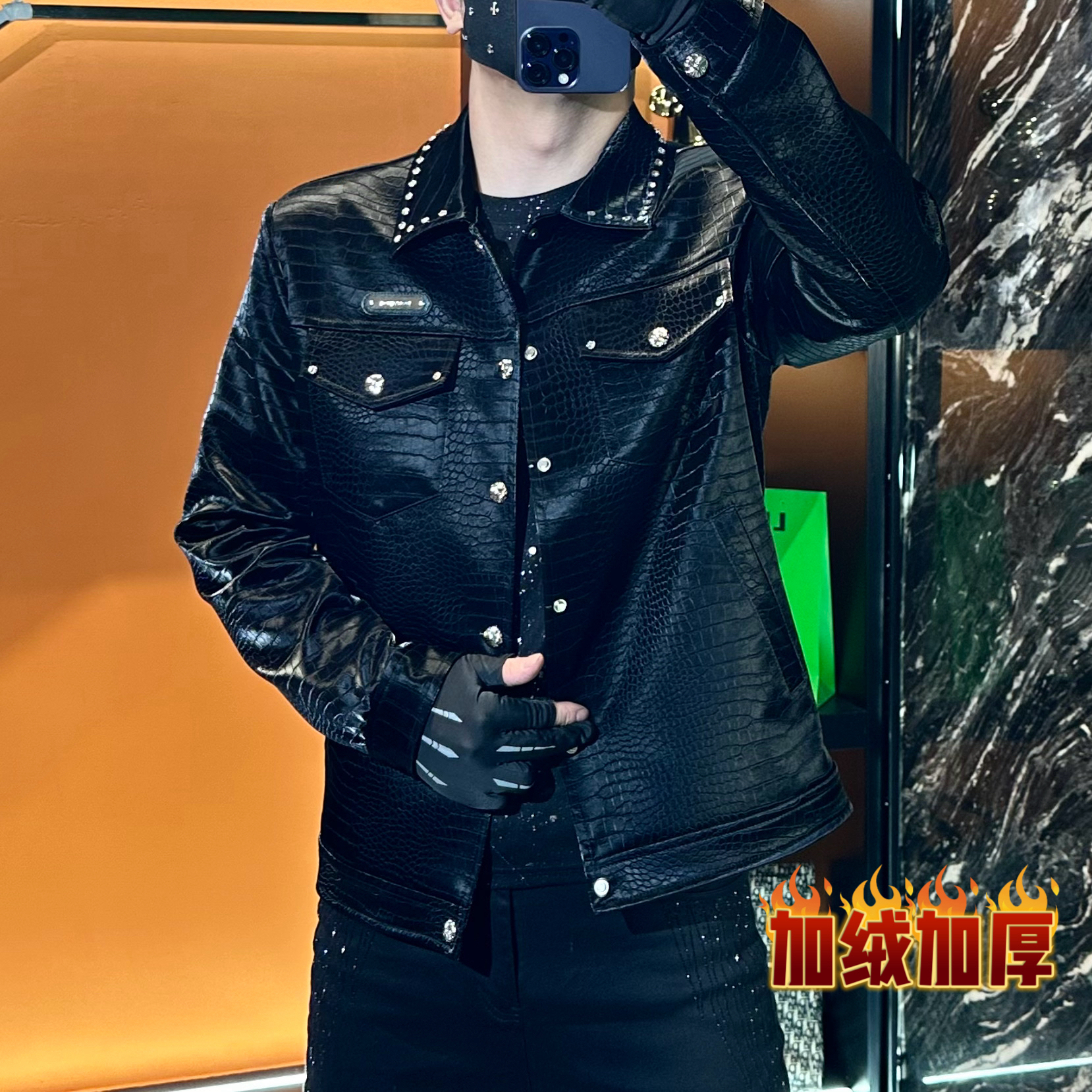 2025男士时尚短款百搭帅气修身秋冬轻奢个性翻领加绒皮衣PY8801