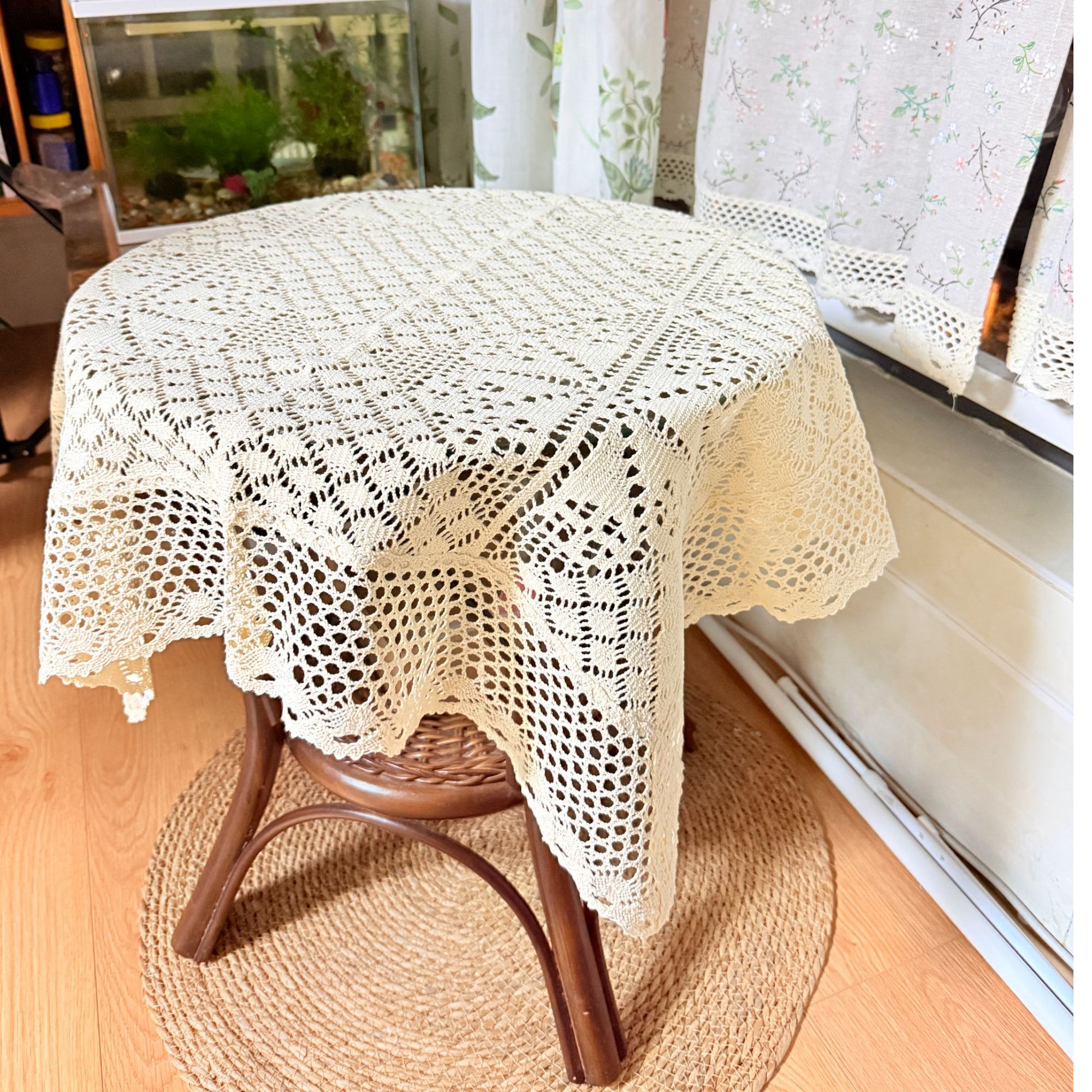 70*70cm长方形床头盖巾美式钩针盖布蕾丝圆桌布田园编织流苏防尘