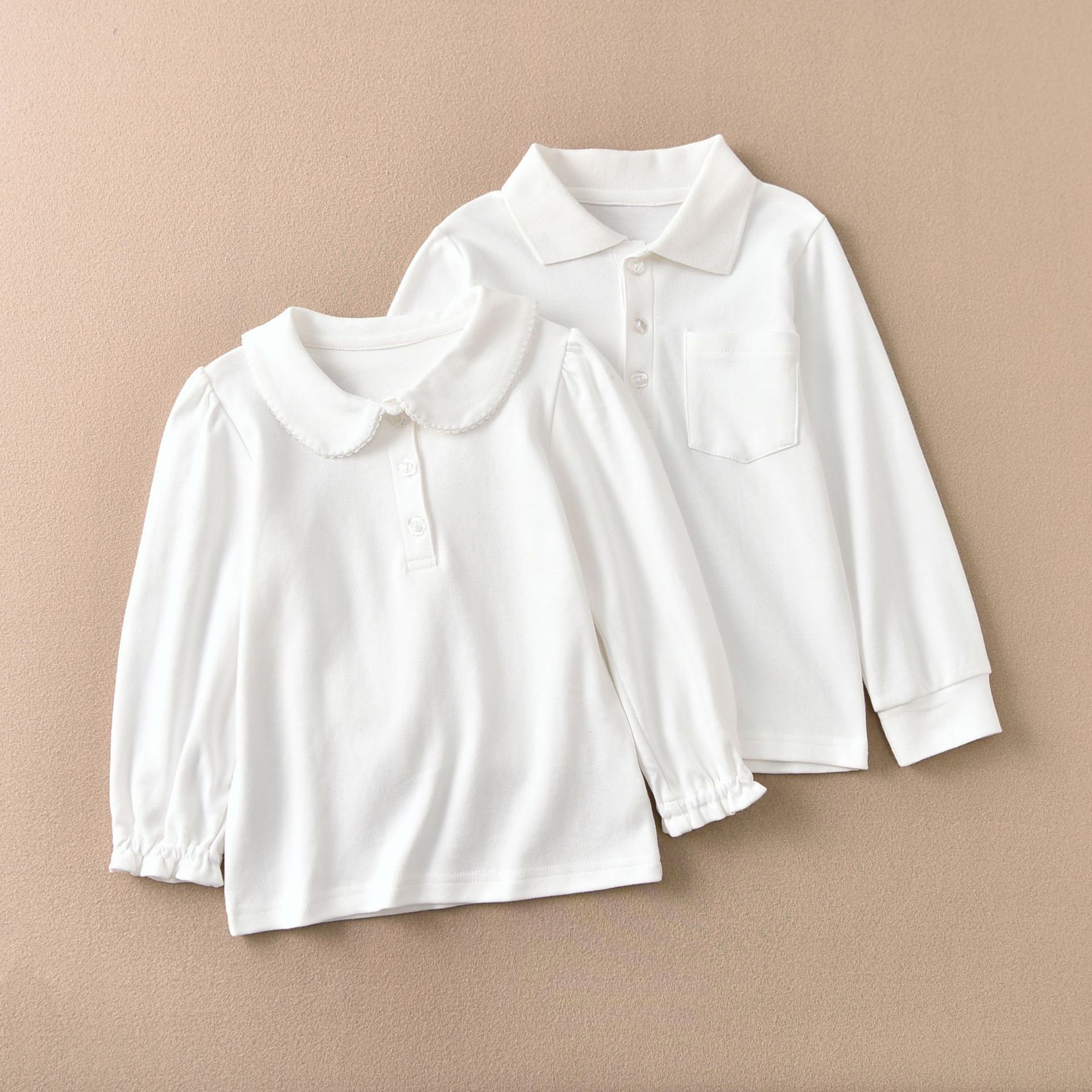 儿童纯色POLO翻领打底衫女童白色校服内搭上衣男童纯棉长袖T衬衫