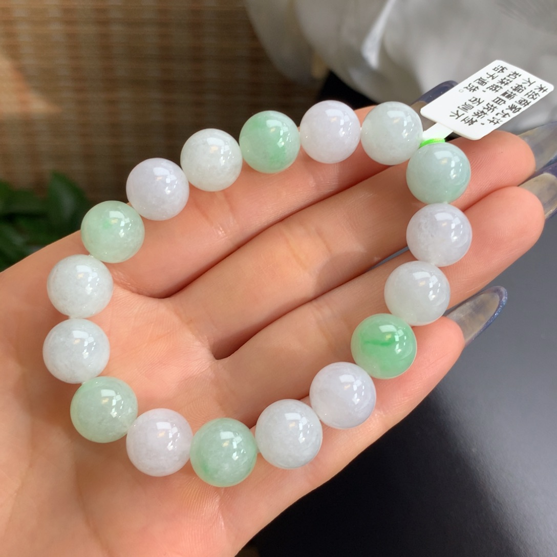 翡翠手链未镶嵌冰润白底飘花手链卡12m m