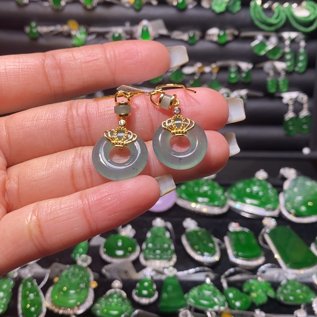 翡翠耳饰银S925镶嵌甜甜圈耳钩