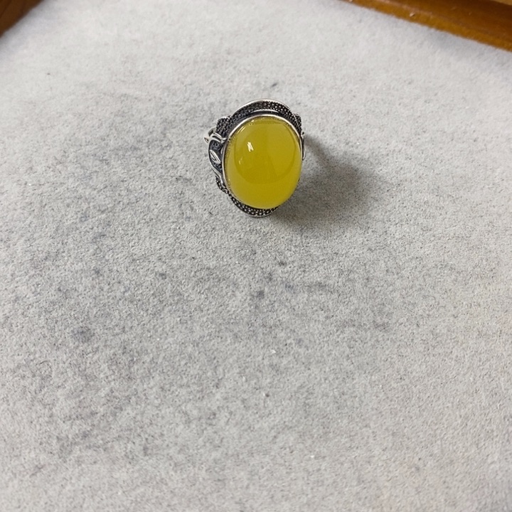 蜜蜡裸石银S925镶嵌戒指