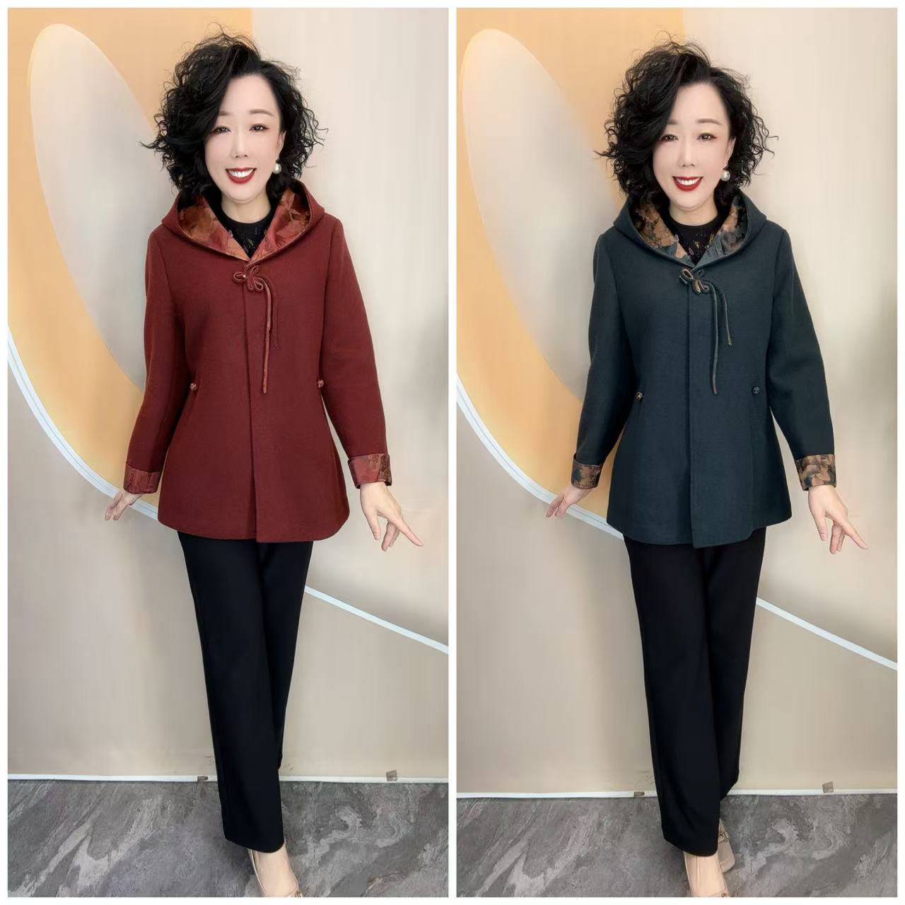 26835新款优雅妈妈纯色加衬宽松大码大方厚帽外套，衣长72
