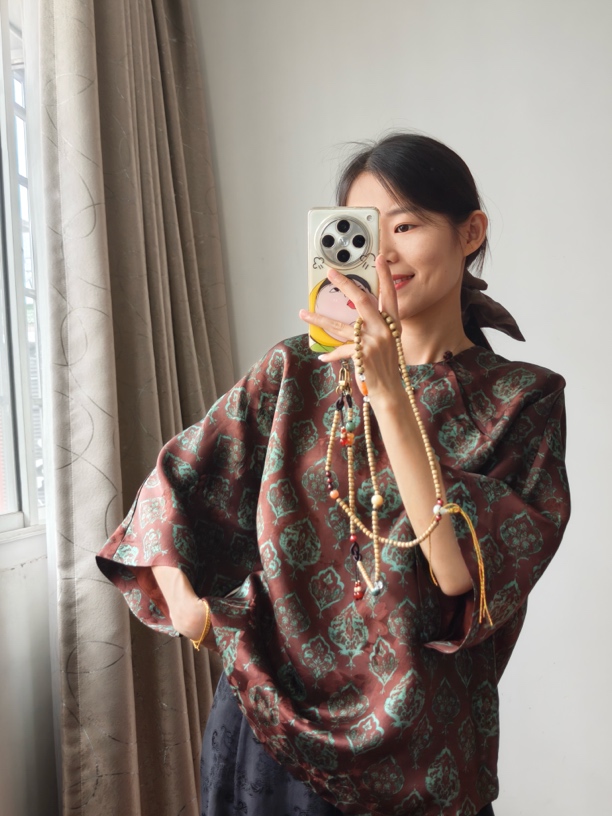 满分桑蚕丝香云纱红云纱一粒扣圆领七分袖新中式上衣