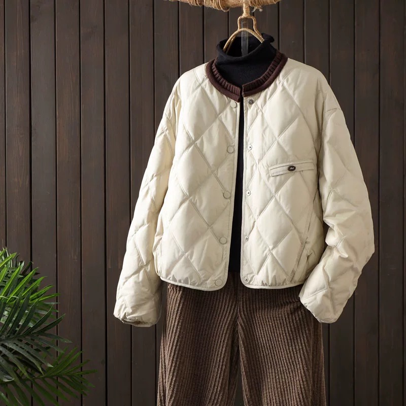 2025冬季新款高端欧货菱格羽绒服女时尚宽松90白鸭绒外套
