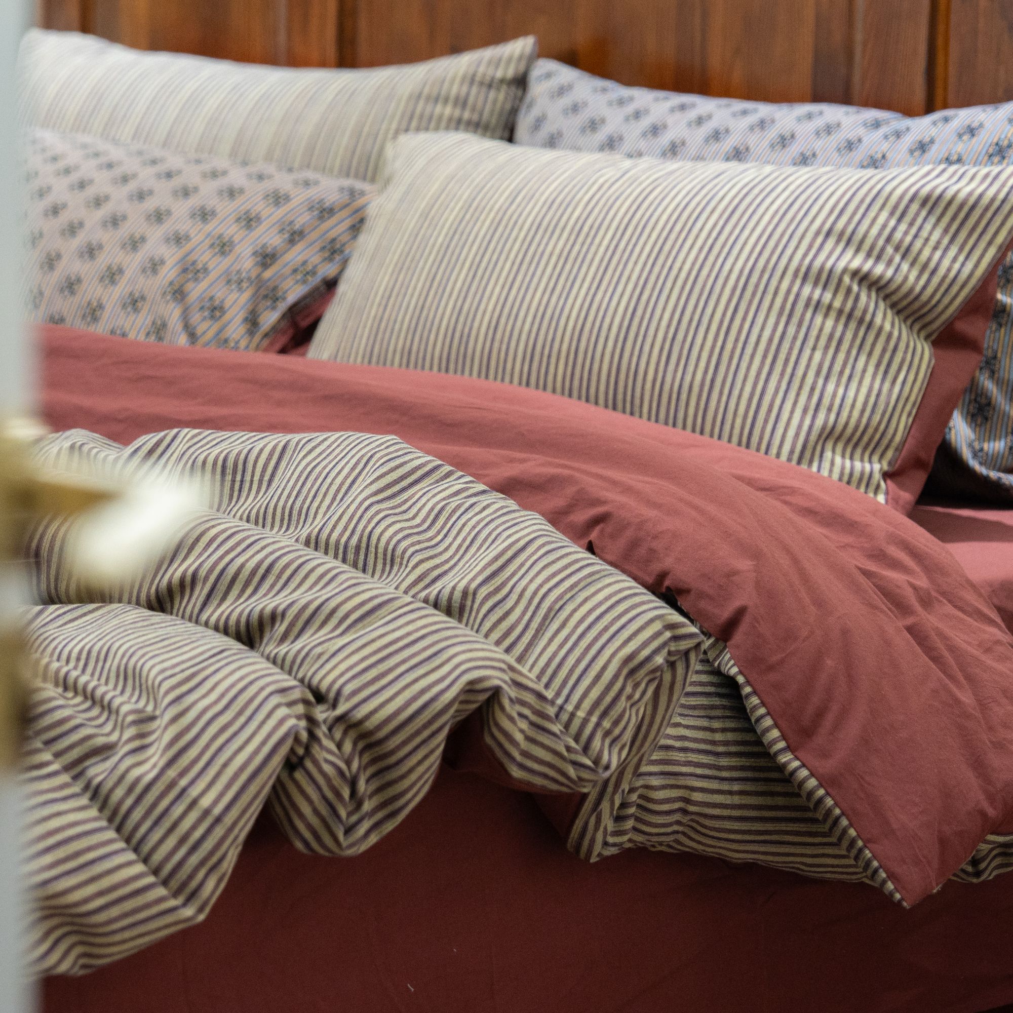 （四月安）新款复古老钱风条纹全棉床上用品纯棉色织提花四件套