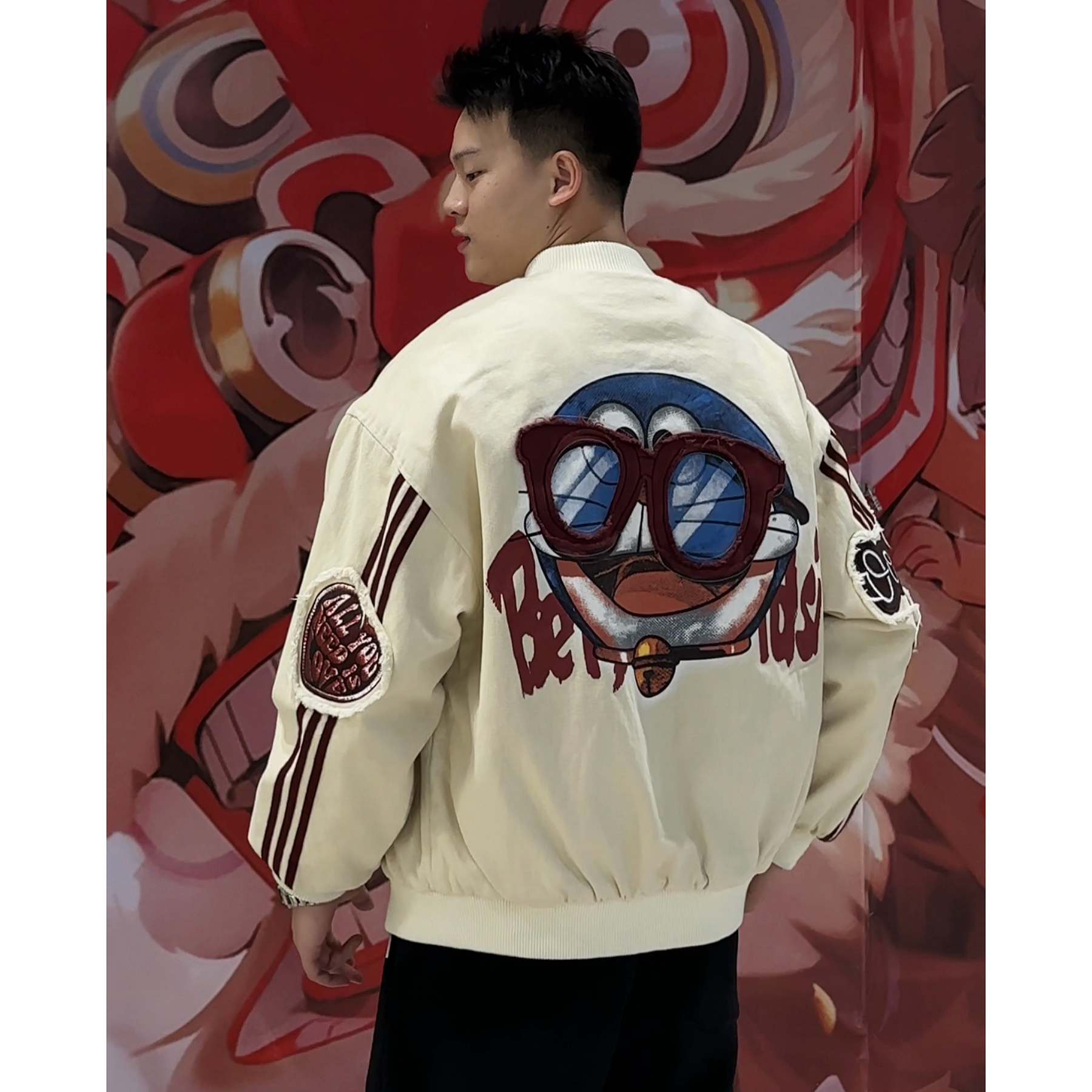 【衣工男】冬款美潮重工洗水贴布绣加厚卡通【蓝胖子】棒球棉服夹克