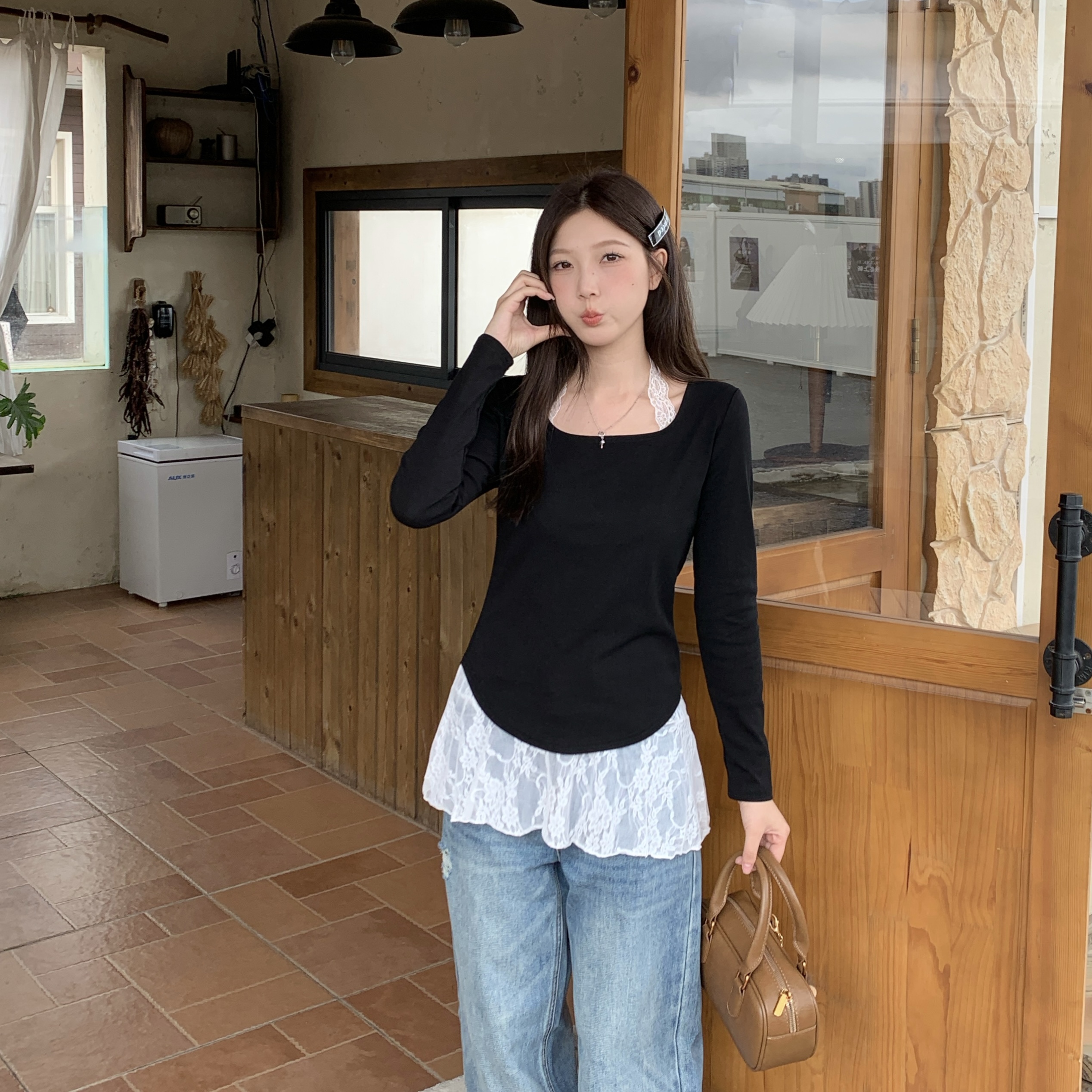 设计感纯欲风方领口两件套挂脖蕾丝吊带显瘦遮肚不规则长袖上衣女