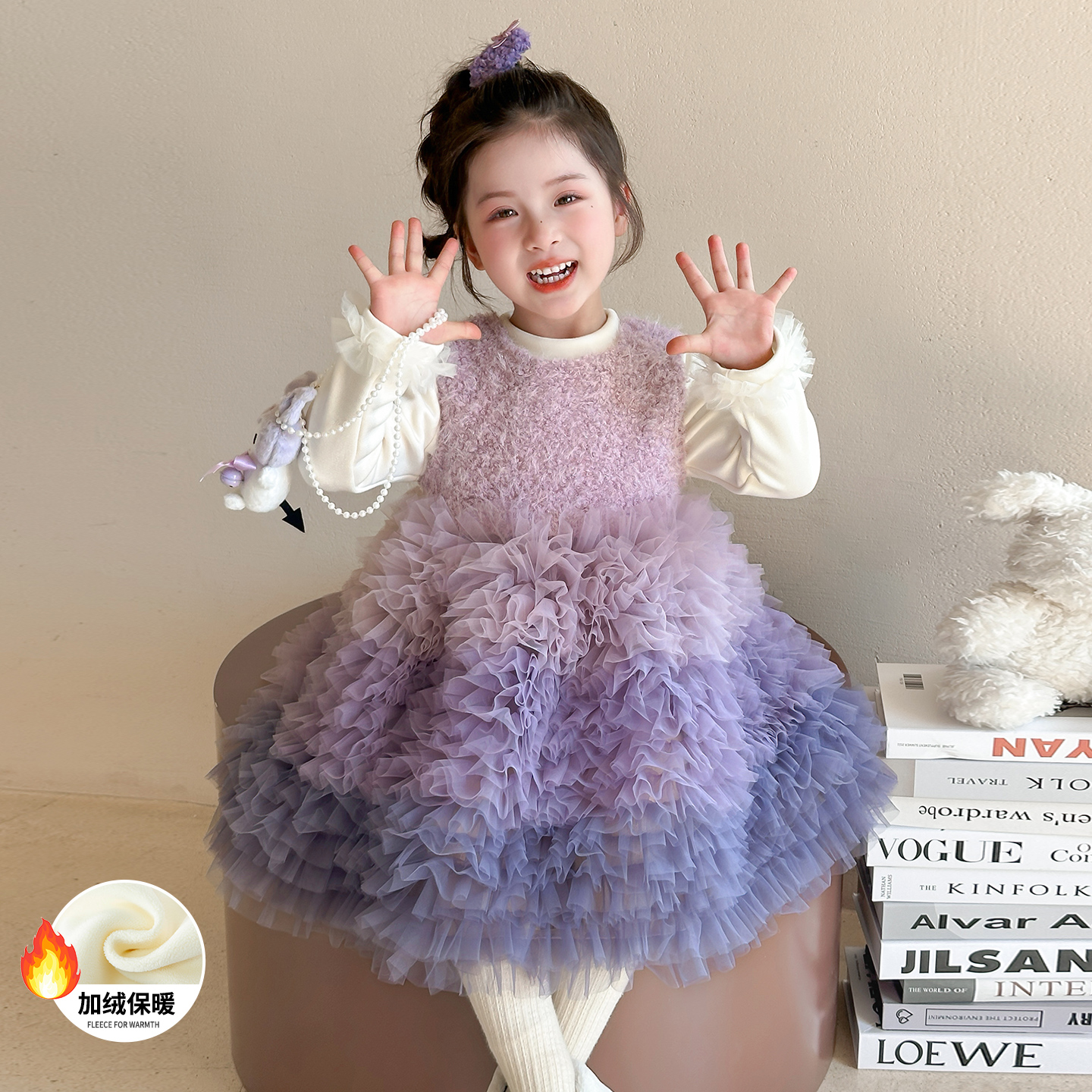 女宝宝加绒公主裙套装秋冬儿童裙子女童甜美可爱蓬蓬裙连衣裙冬装