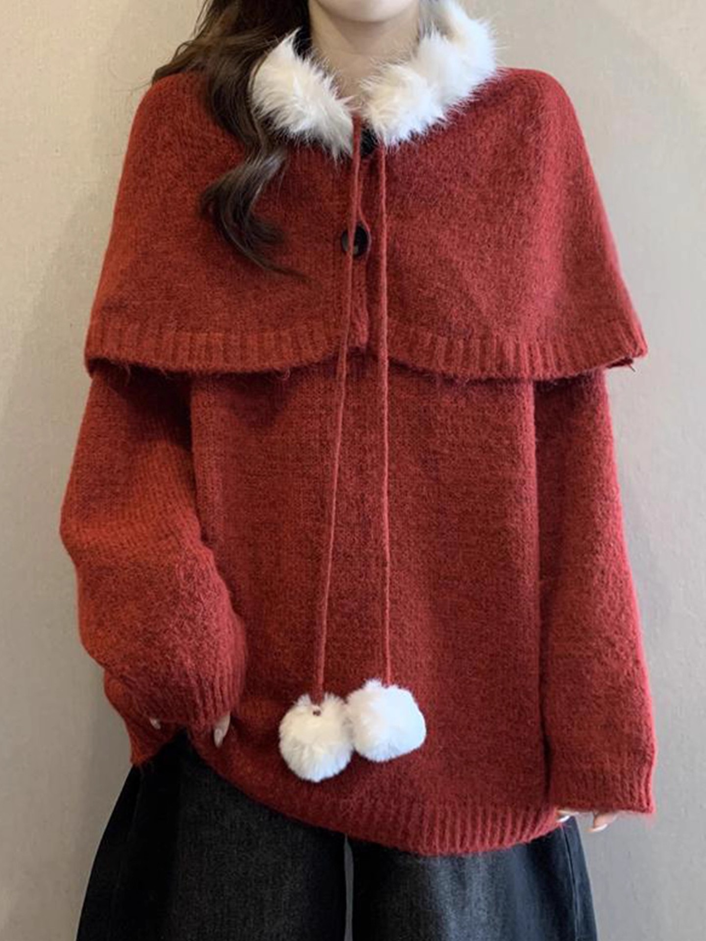 圣诞新年氛围感红色毛球针织衫毛衣女秋冬大码胖mm巨好看洋气上衣