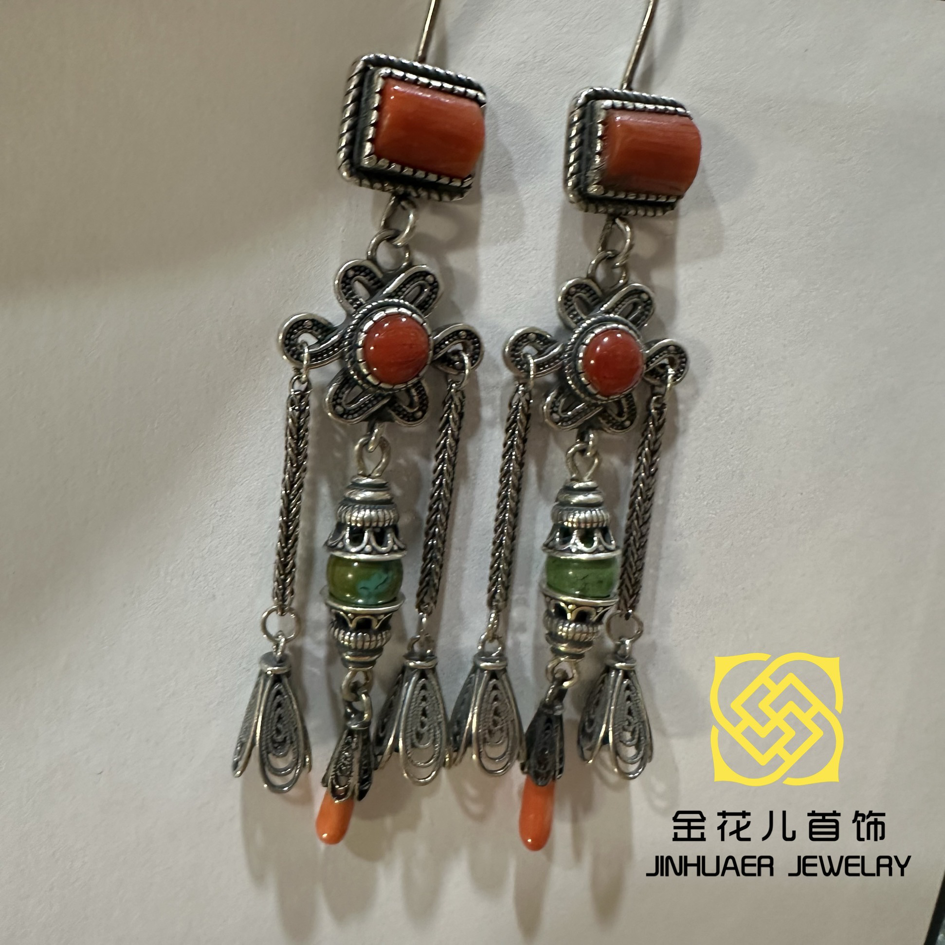 足银耳饰 蒙古元素原创足银乌优旭日耳饰纯手工长款