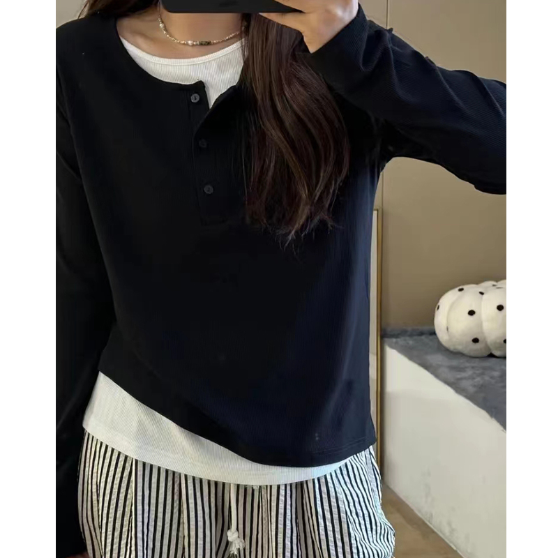 8905#大码女装假两件拼接正肩长袖t恤胖mm秋冬遮肚显瘦独特上衣潮