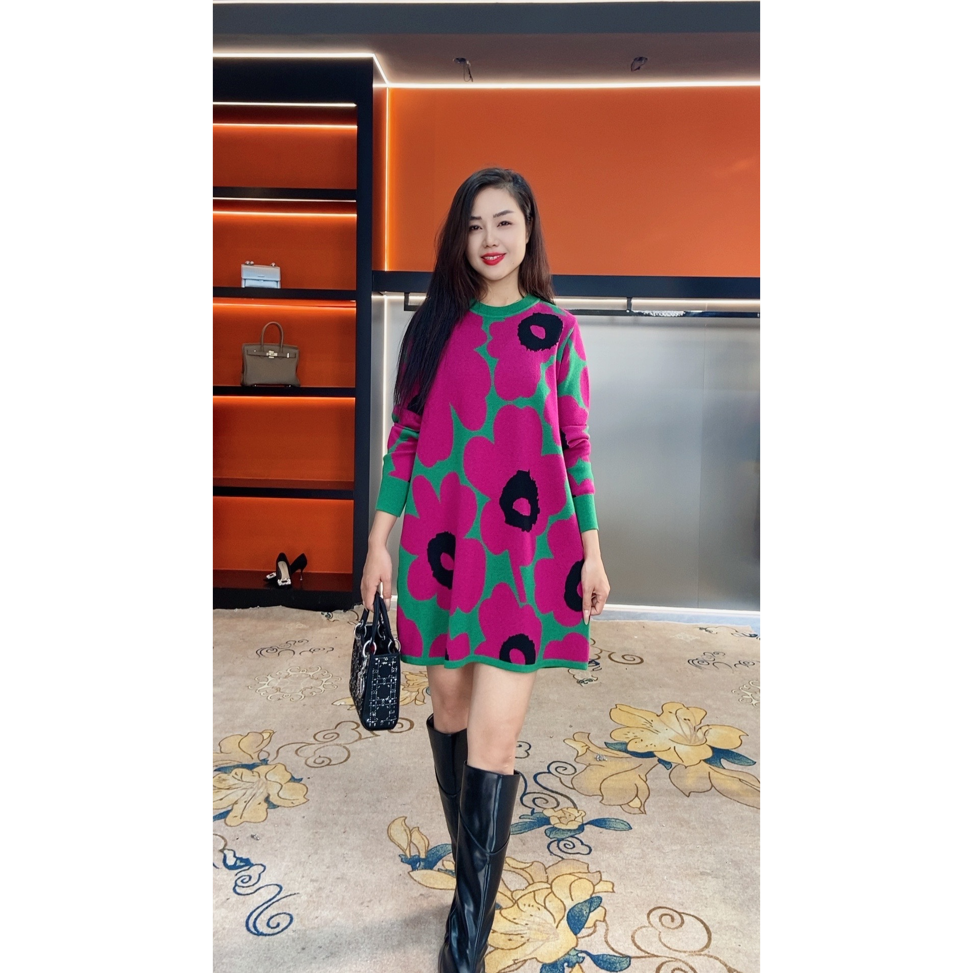 552秋冬时尚宽松中长款圆领加厚提花针织衫网红百搭