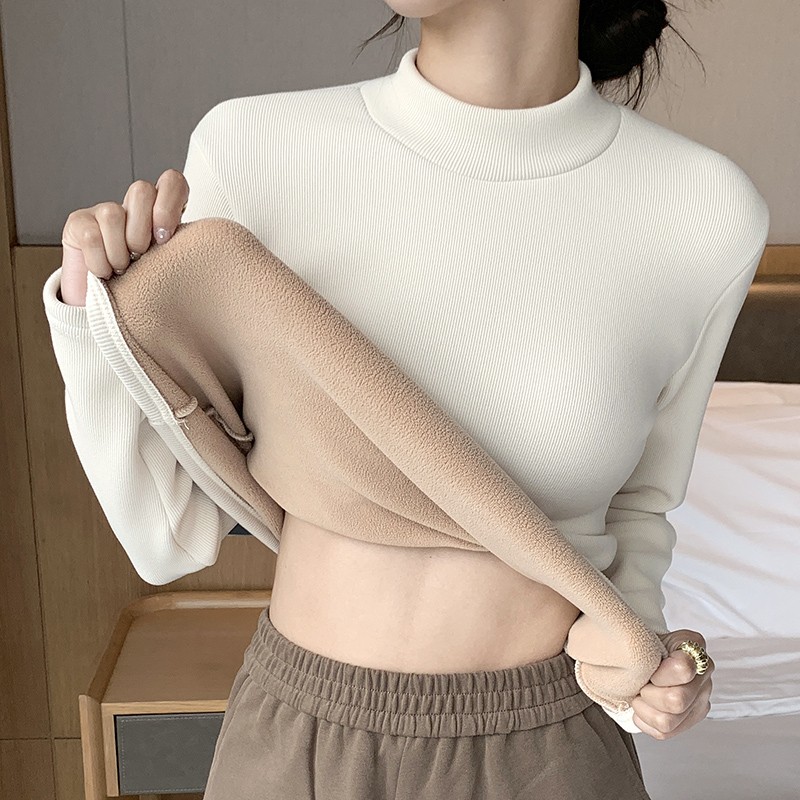 半高领椰绒打底衫女新款秋冬季加绒加厚中领内搭保暖上衣女士H331