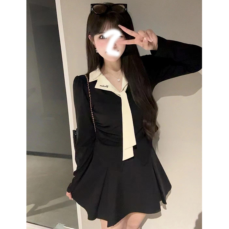 2025早秋新款长袖正肩上衣通用撞色刺绣polo领气质修身显瘦辣妹衬