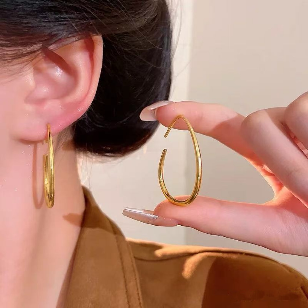 1052 足金O型鹅蛋水滴素耳圈 简约百搭 小众设计款 黄金耳圈女
