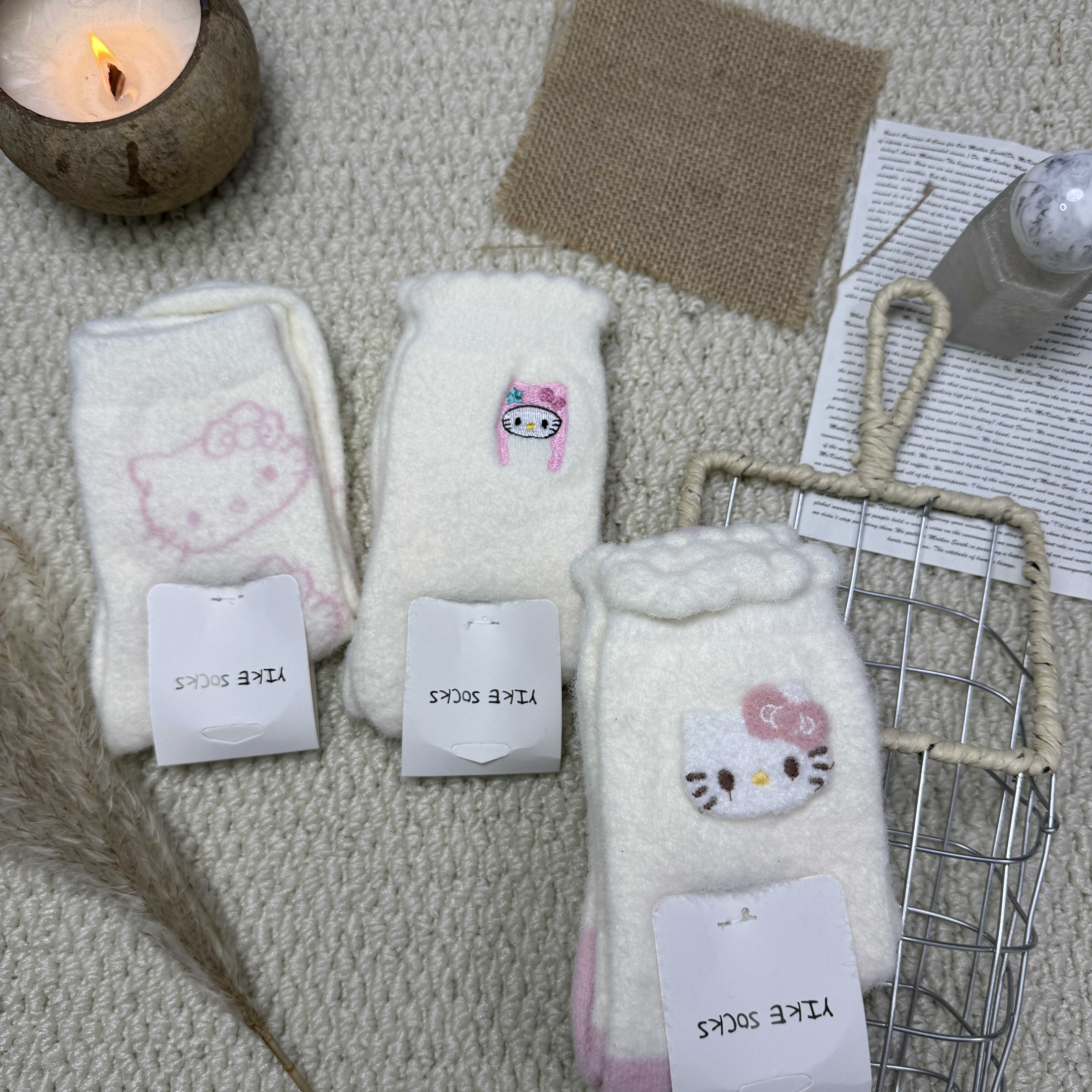 YIKE品牌kitty澳绒长袜ins秋冬保暖卡通加厚