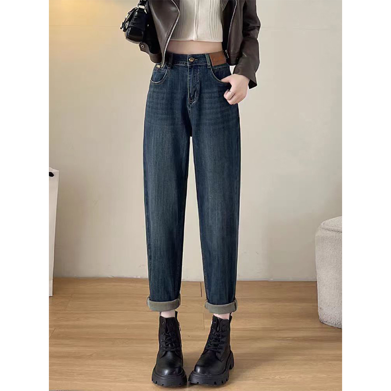 （女装）7202 蓝色（加磨毛）宽松老爹哈伦松紧腰牛仔长裤