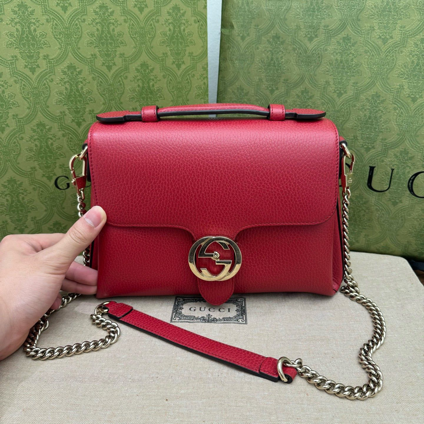 99新 GUCCI/古驰 酒神红色/26底长/中号 斜挎包