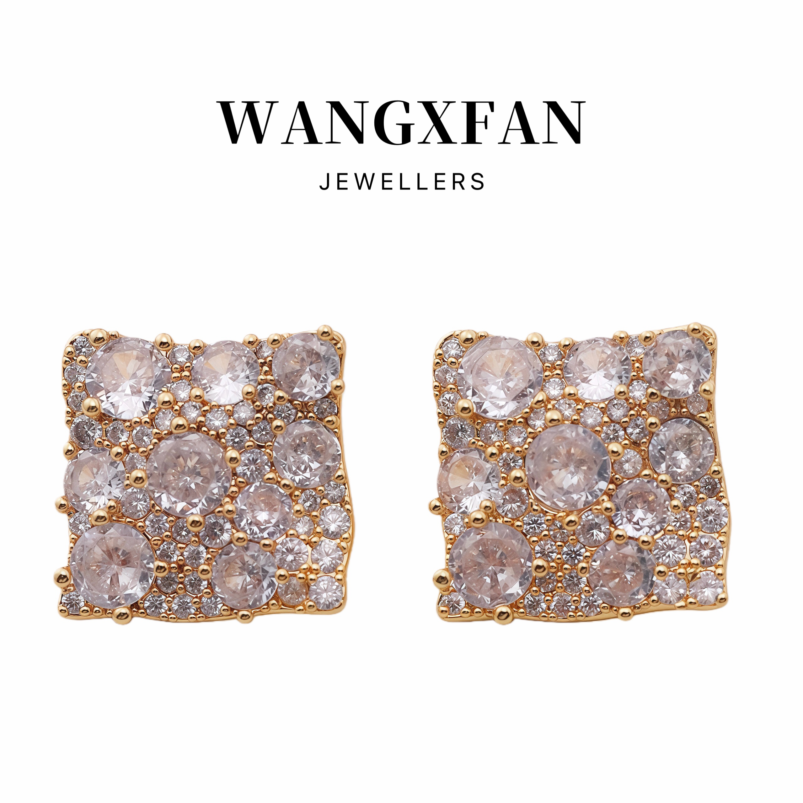 铜合金锆石耳饰 「星河」镀k金 轻奢风微镶满锆菱形耳钉E003