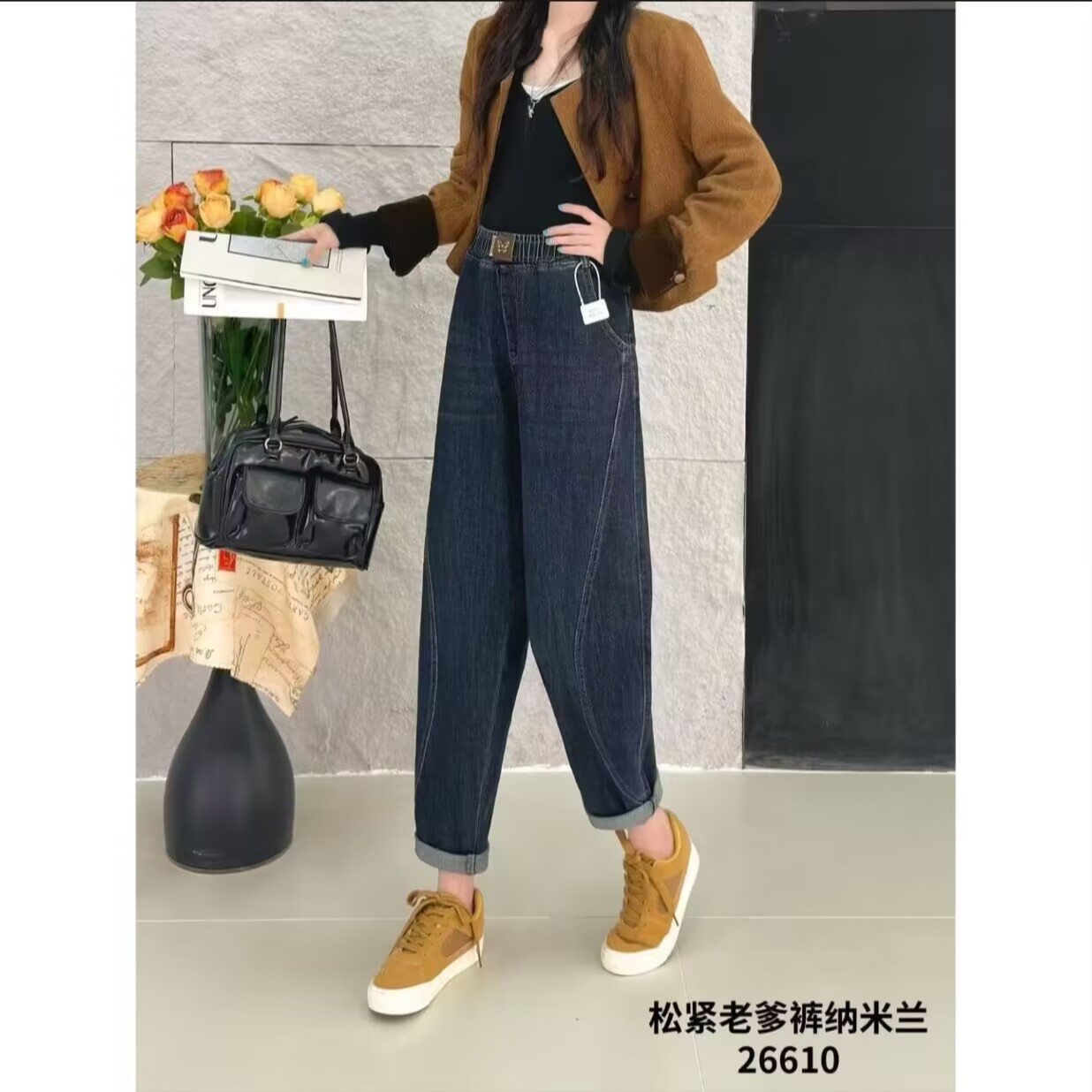 2025大码牛仔蝴蝶结秋款老爹裤110-220斤高弹显瘦百搭长裤女26610
