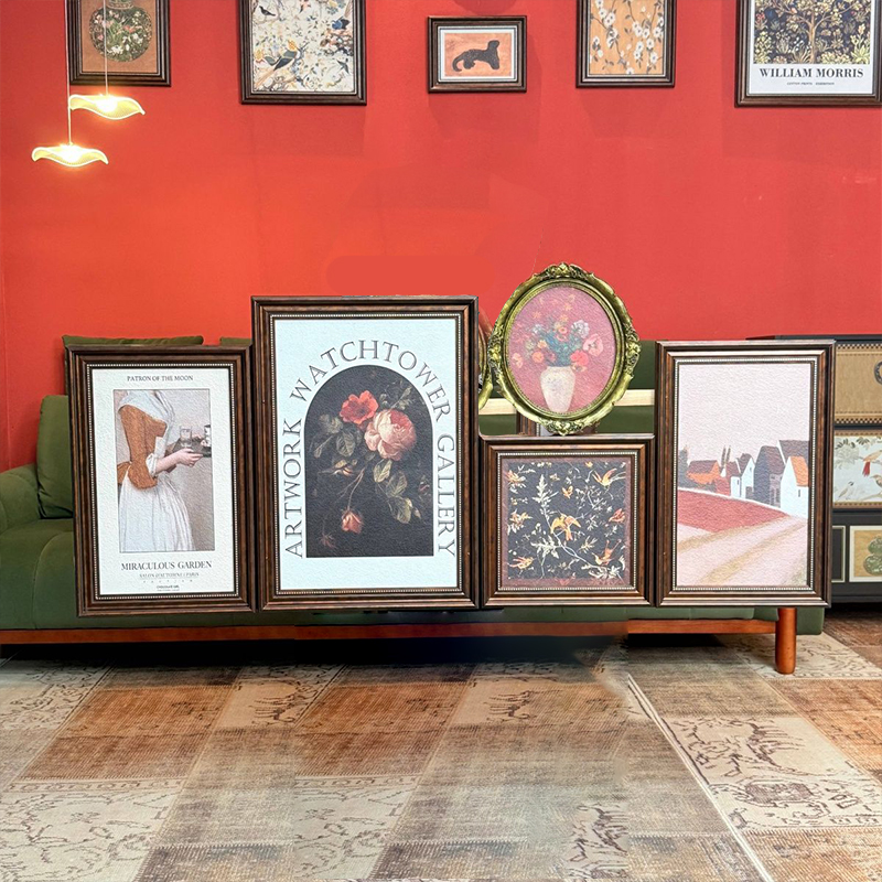 法式轻奢小众艺术感复古花卉格子沙发背景墙法式客厅装饰画五联