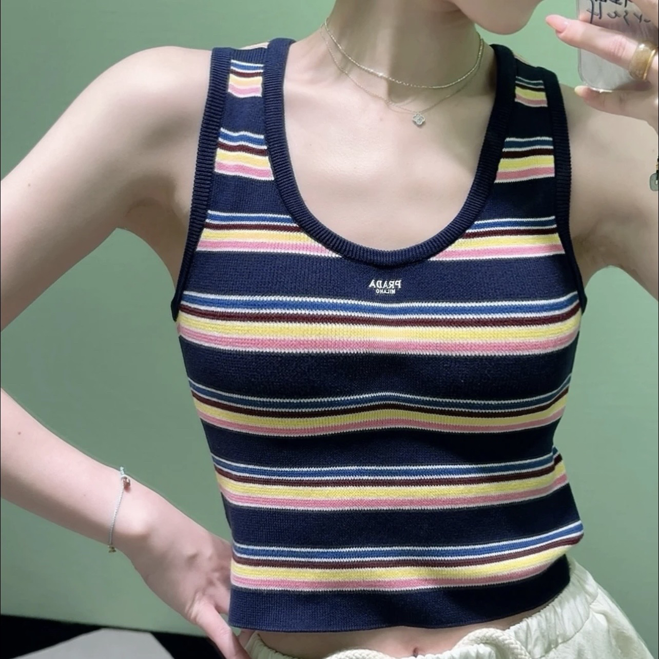 99新 Prada/普拉达 tem297/条纹标语修身背心 38码 棉