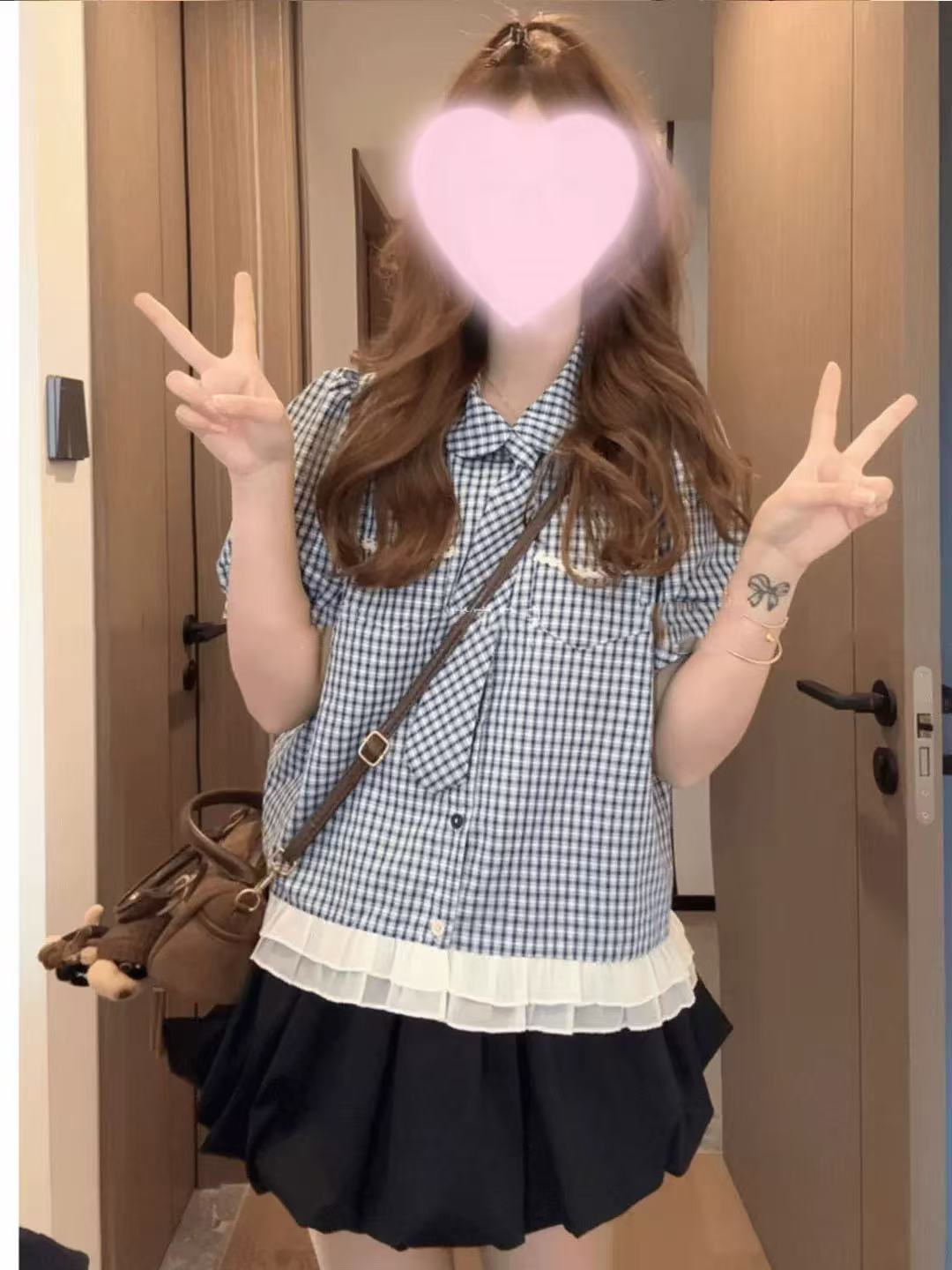 韩系复古花边拼接领带格子短袖衬衫胖MM夏季衬衫＋半身裙两件套